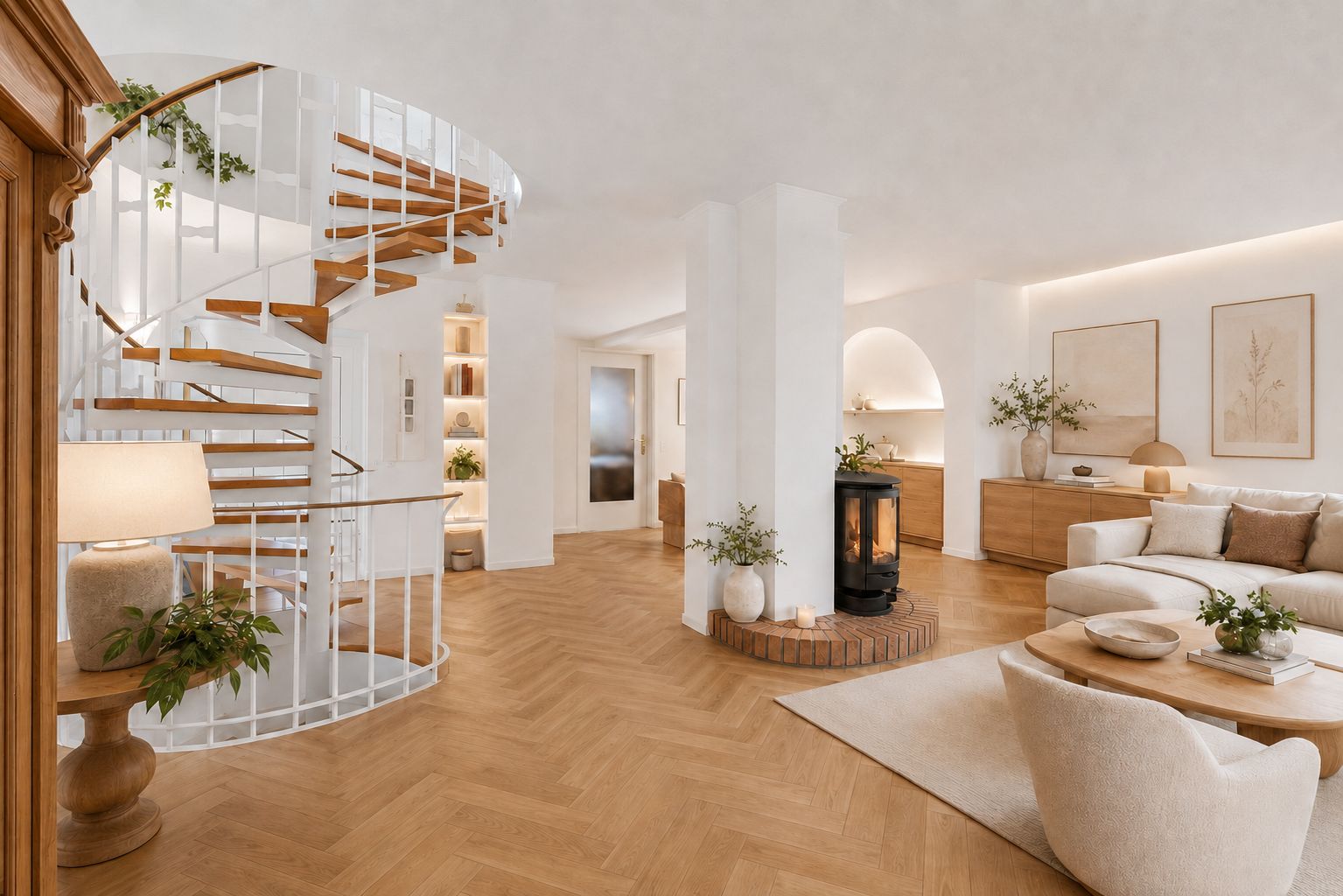 Modernes Wohnzimmer mit Holzfußboden, runder Wendeltreppe und Kaminofen.