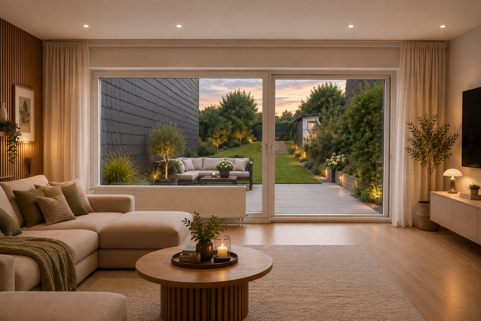 Modernes Wohnzimmer mit großem Sofa und Blick durch eine Glasfront auf Terrasse und Garten.