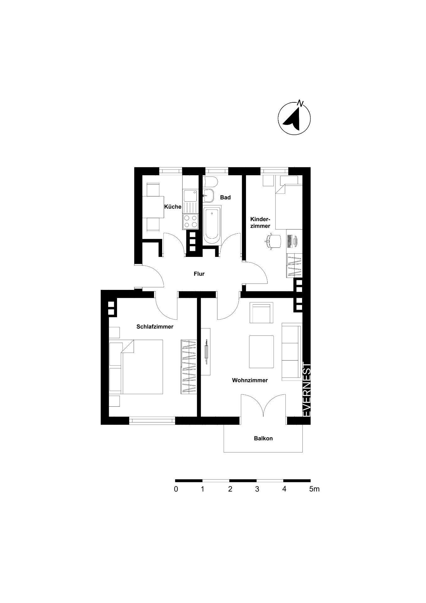 Grundriss einer Wohnung mit Schlafzimmer, Kinderzimmer, Bad, Küche, Wohnzimmer, Flur und Balkon.