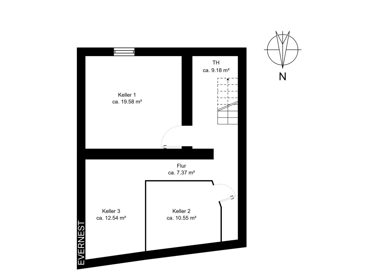 Grundriss eines Kellers mit drei Räumen, Flur und Treppenhaus, Flächenangaben in Quadratmetern.