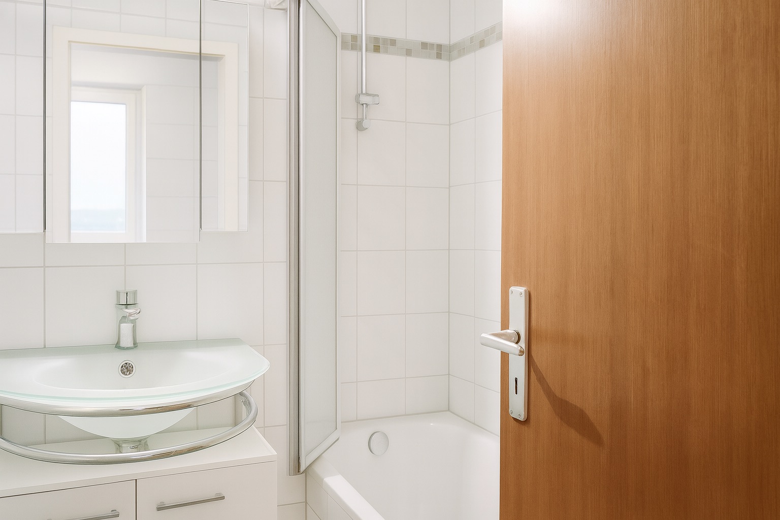 Helles Badezimmer mit weißem Waschbecken, Spiegel, Dusche und kleinem Fenster.