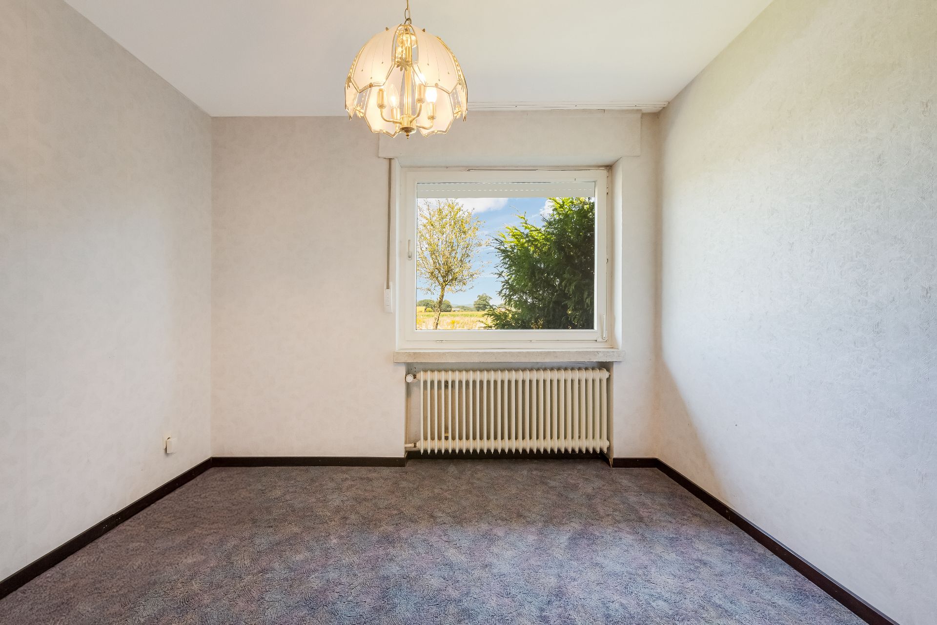 Leeres Zimmer mit Teppichboden, Fenster, Heizkörper und Deckenlampe.