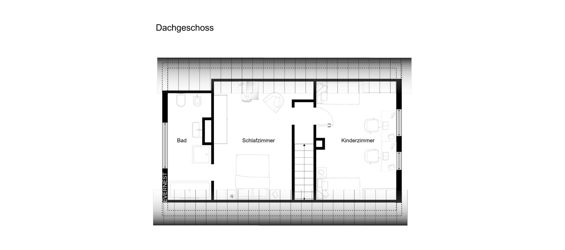 Grundriss des Dachgeschosses mit Schlafzimmer, Badezimmer und Kinderzimmer.