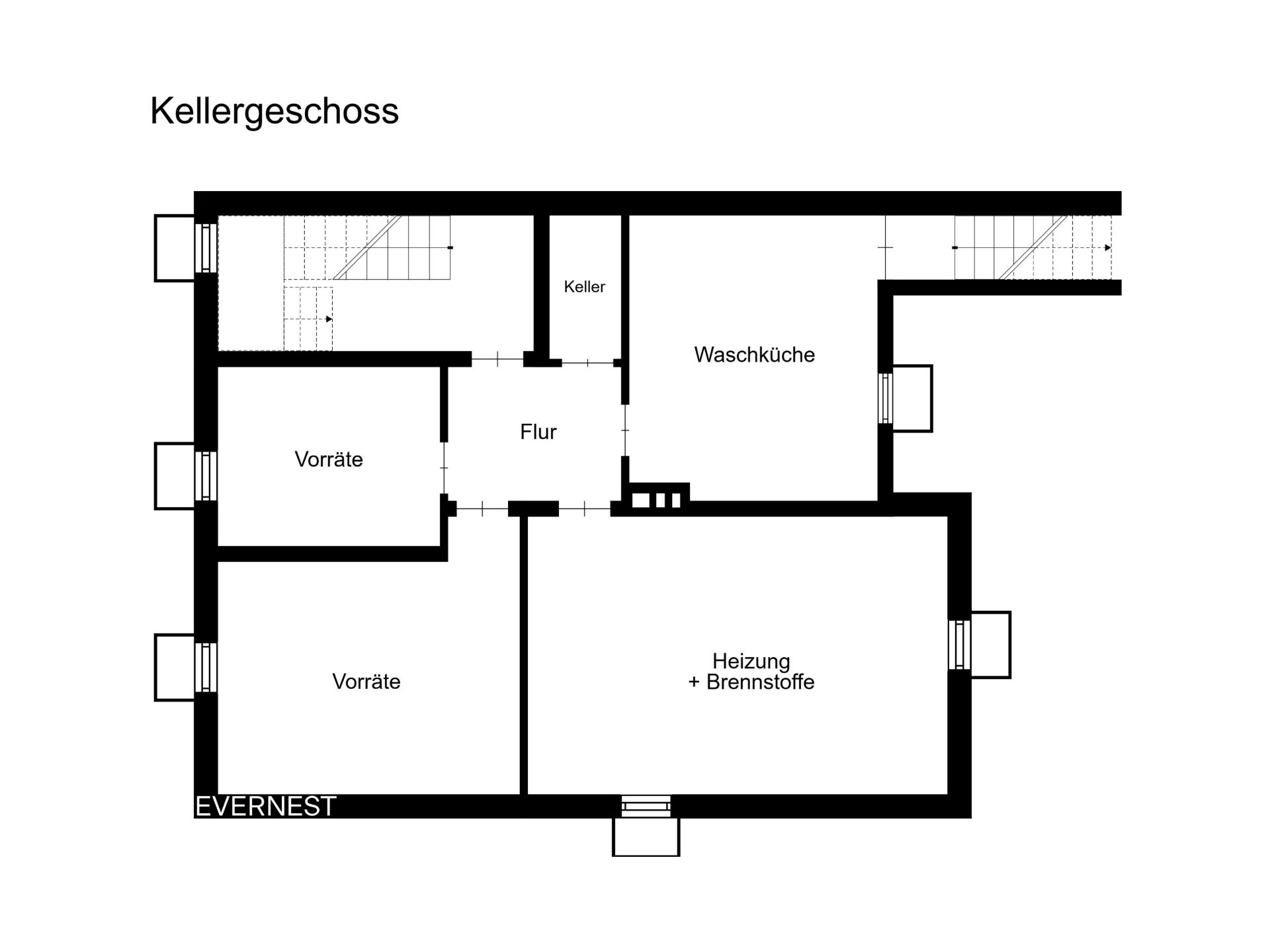 Grundriss des Kellergeschosses mit Vorratsräumen, Waschküche und Heizungsraum.