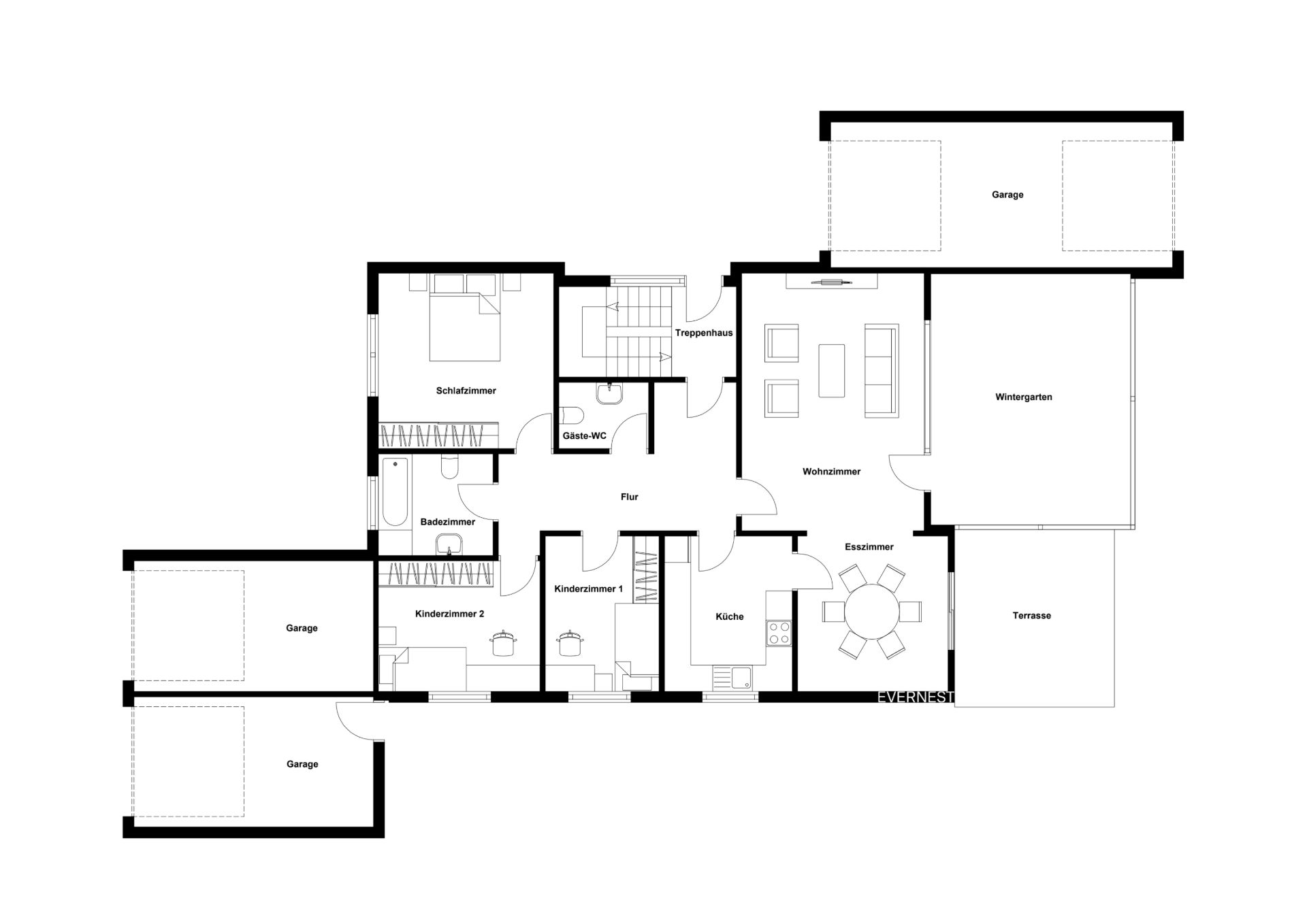 Grundriss eines Wohnhauses mit mehreren Zimmern, Küche, Wohnzimmer, Garage und Terrasse.
