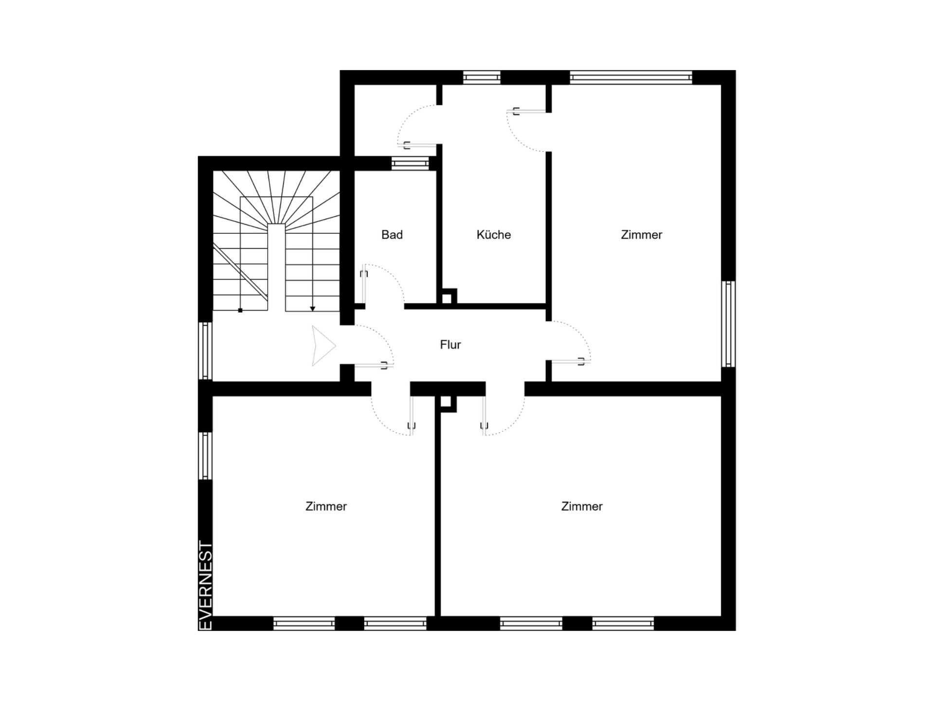 Grundriss mit Flur, Bad, Küche und drei Zimmern in rechteckiger Anordnung.