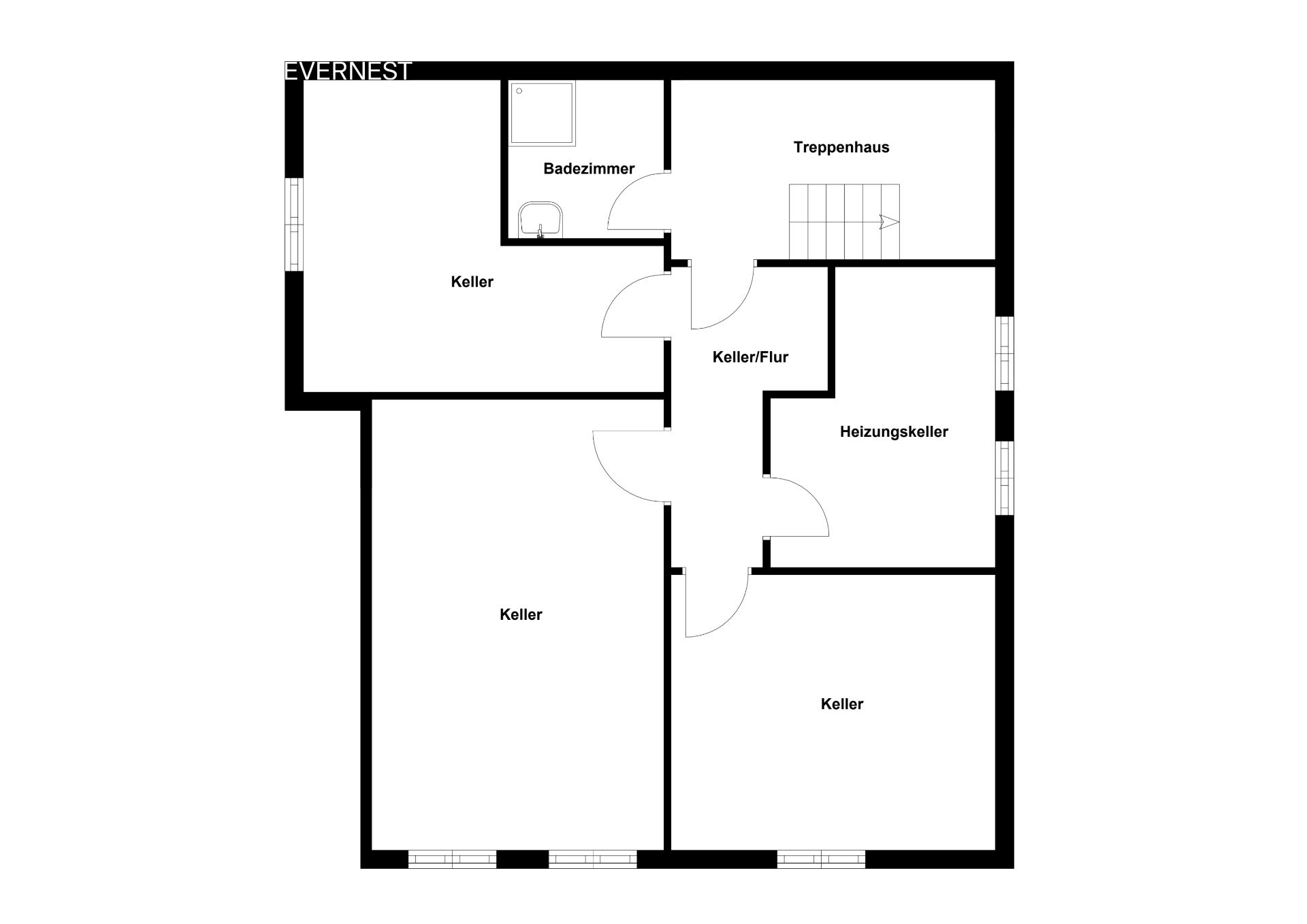 Grundriss des Kellers mit mehreren Räumen, Badezimmer, Heizungsraum und Treppenhaus.