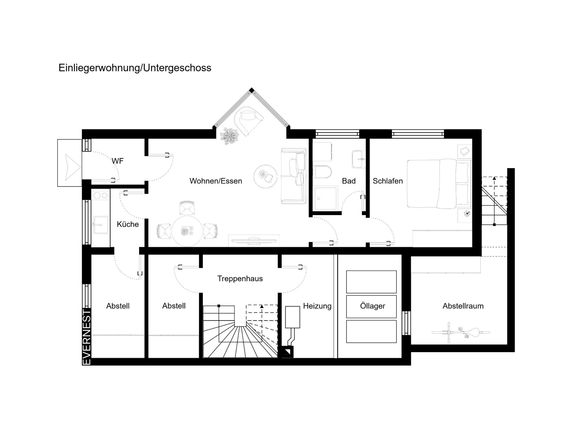 Grundriss einer Einliegerwohnung mit Schlafzimmer, Bad, Küche, Wohn-/Essbereich und mehreren Abstellräumen.