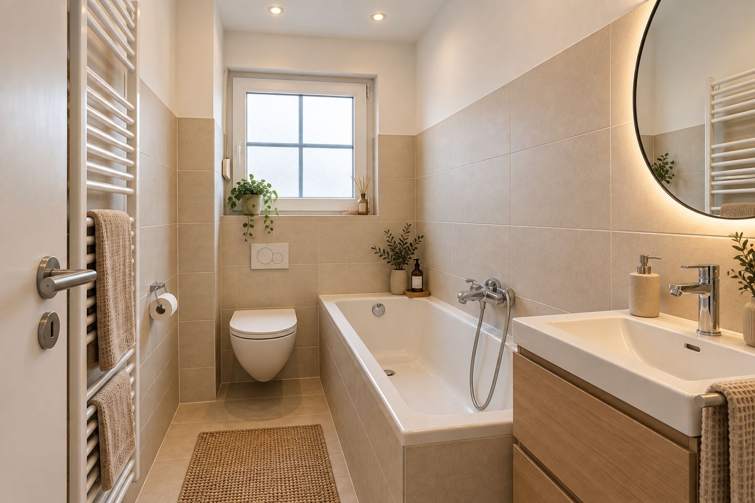 Modernes Badezimmer mit Badewanne, WC, Waschbecken und großem Fenster.