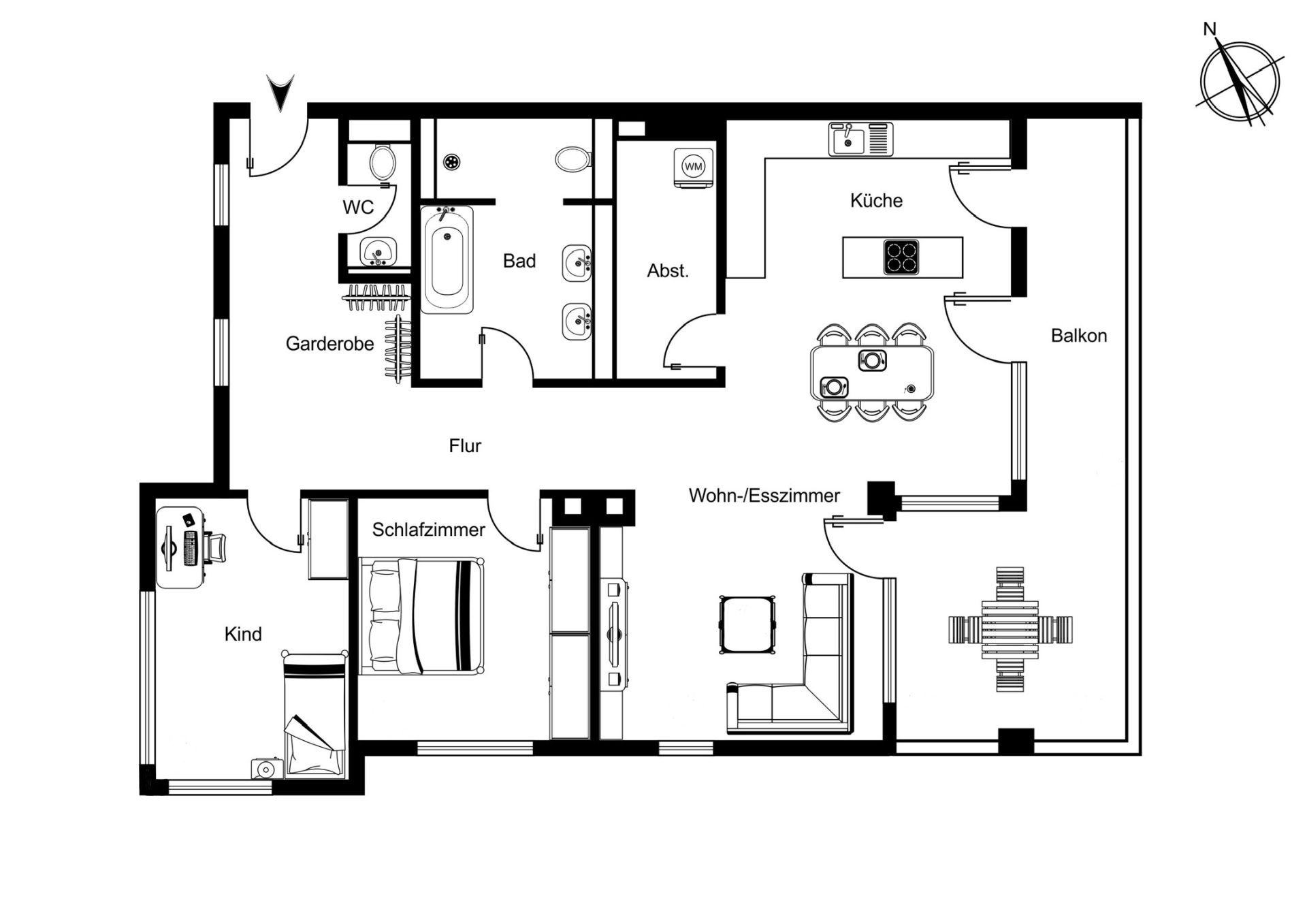 Grundriss einer Wohnung mit Schlafzimmer, Kinderzimmer, Bad, WC, Küche, Balkon und Wohnzimmer.