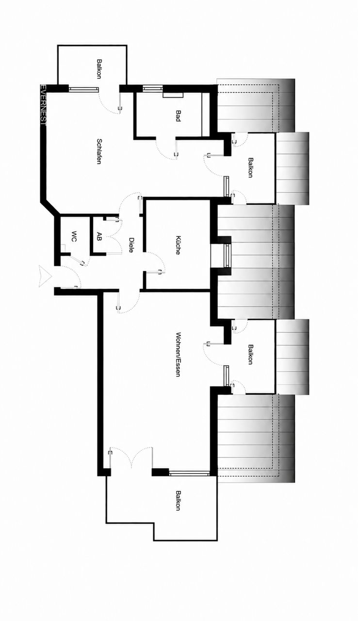 Grundriss einer Wohnung mit Schlafzimmer, Bad, Küche, WC, Wohnbereich und mehreren Balkons.