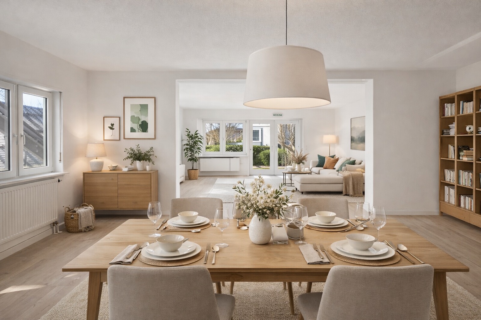 Helles Esszimmer mit gedecktem Tisch, Blick auf Wohnzimmer mit Sofa, Pflanzen und Bücherregal.