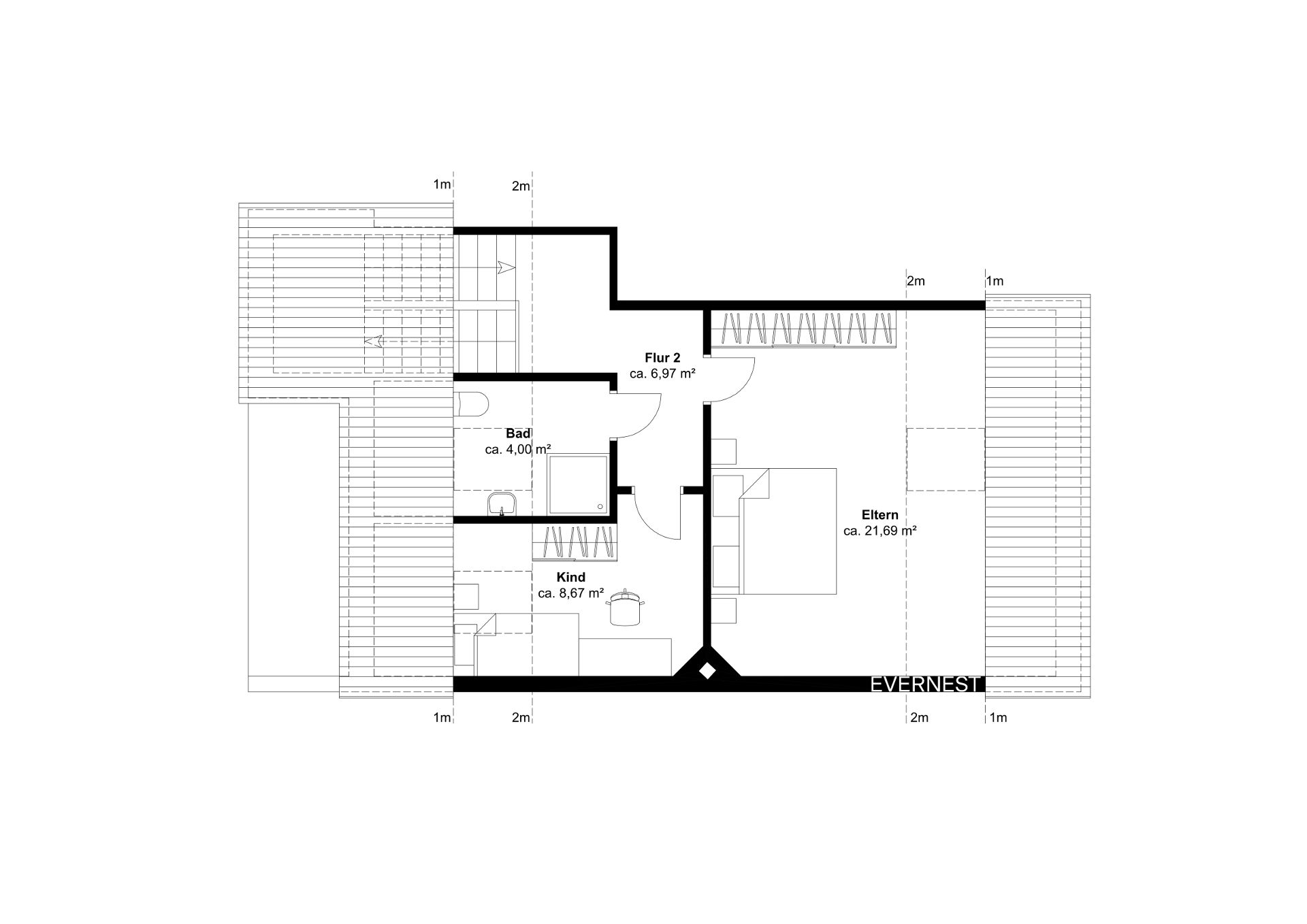 Grundriss mit Schlafzimmer, Kinderzimmer, Bad und Flur.