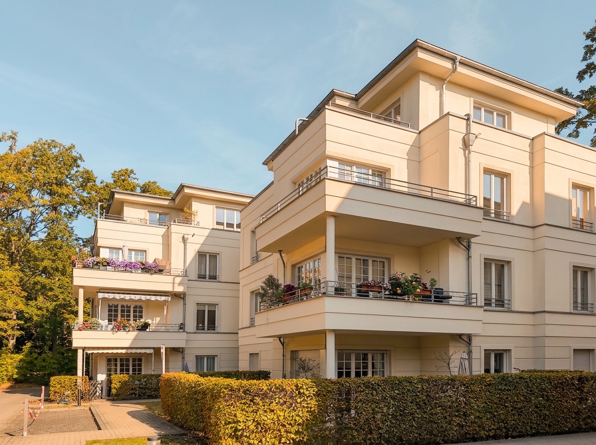Modernes Mehrfamilienhaus mit großen Balkonen und vielen Pflanzen, umgeben von Bäumen und Hecken.