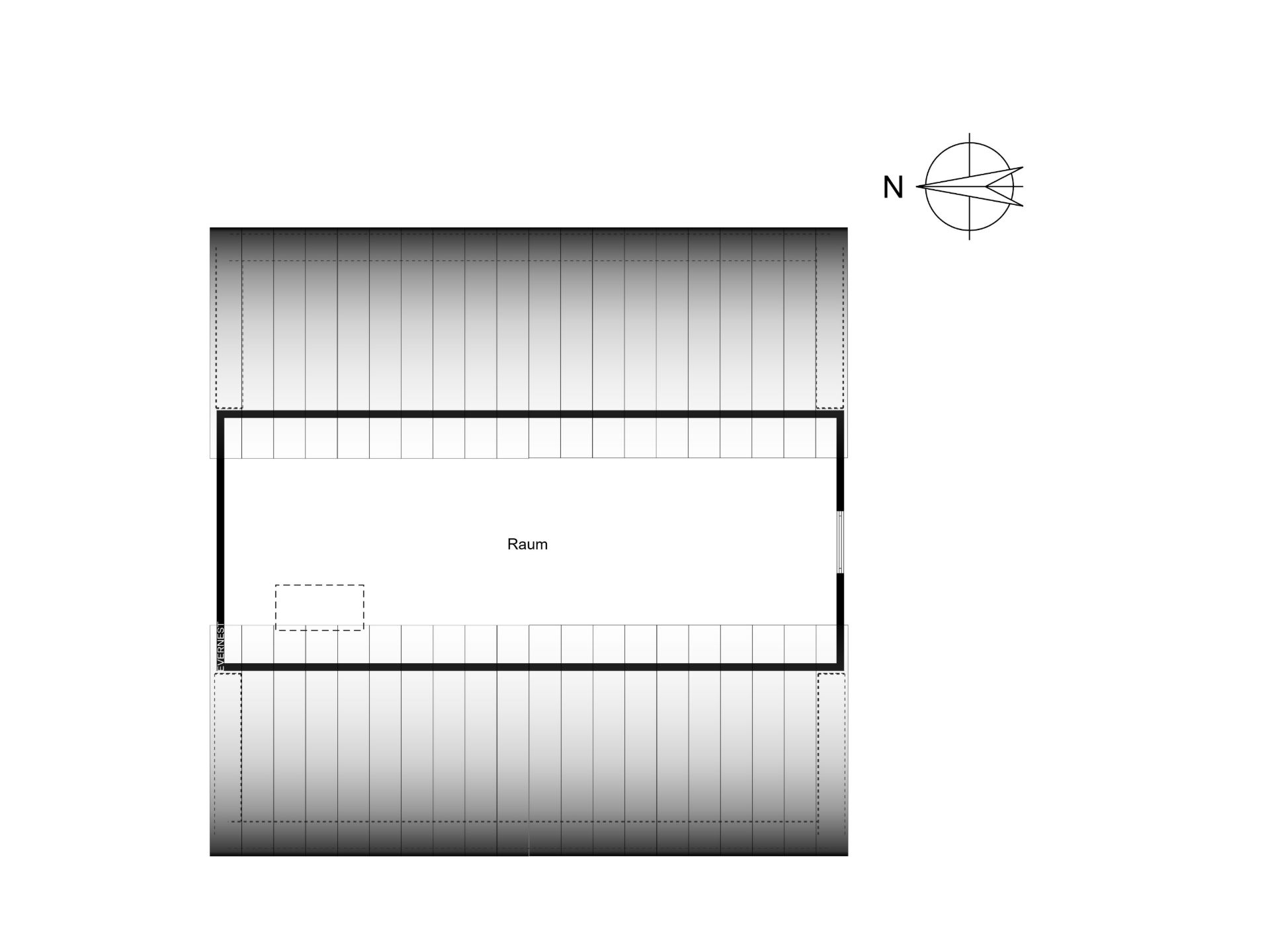 Grundriss mit rechteckigem Raum und Nordpfeil, Raum mit Beschriftung 'Raum' markiert.