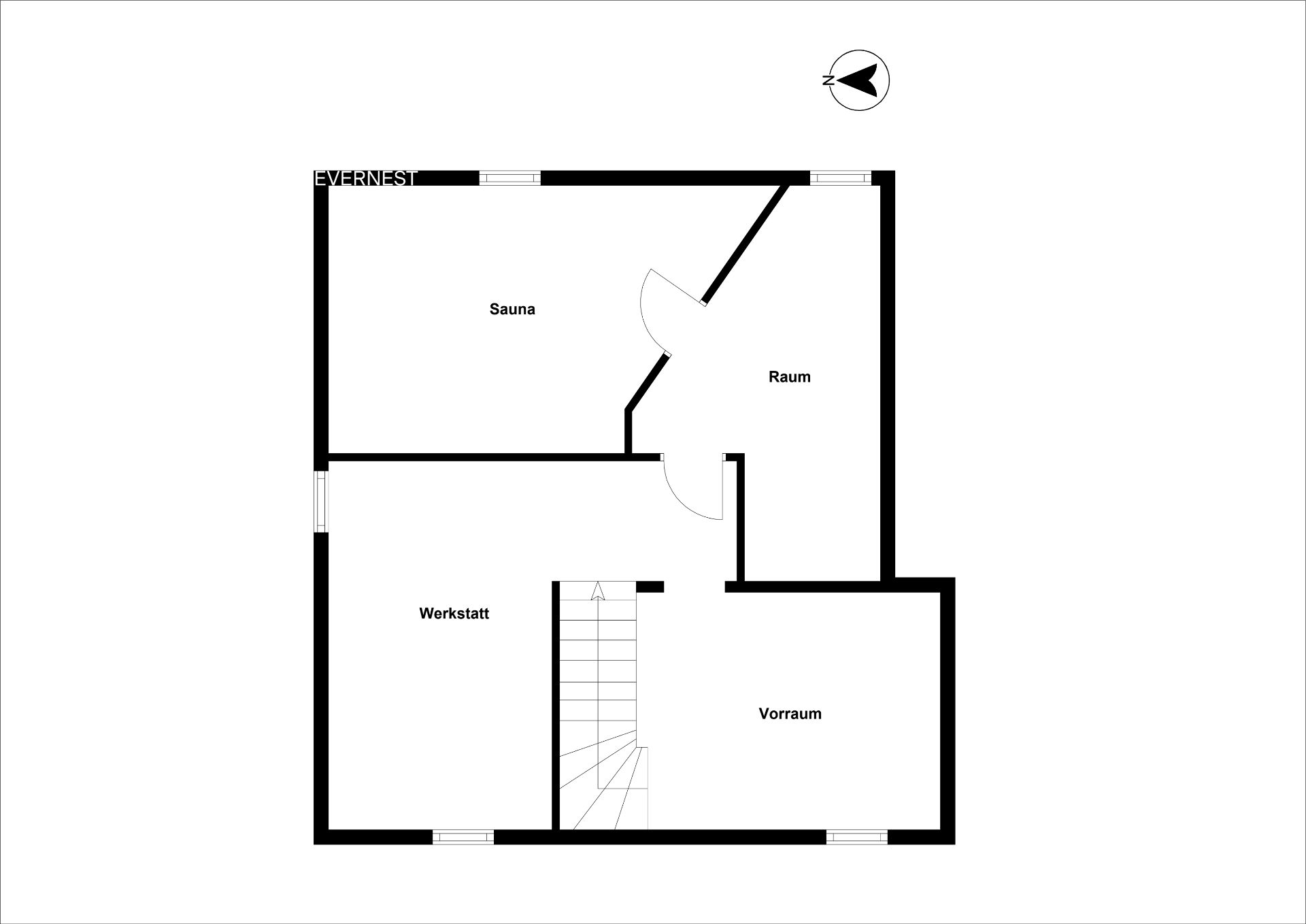 Grundriss mit Sauna, Raum, Werkstatt und Vorraum.