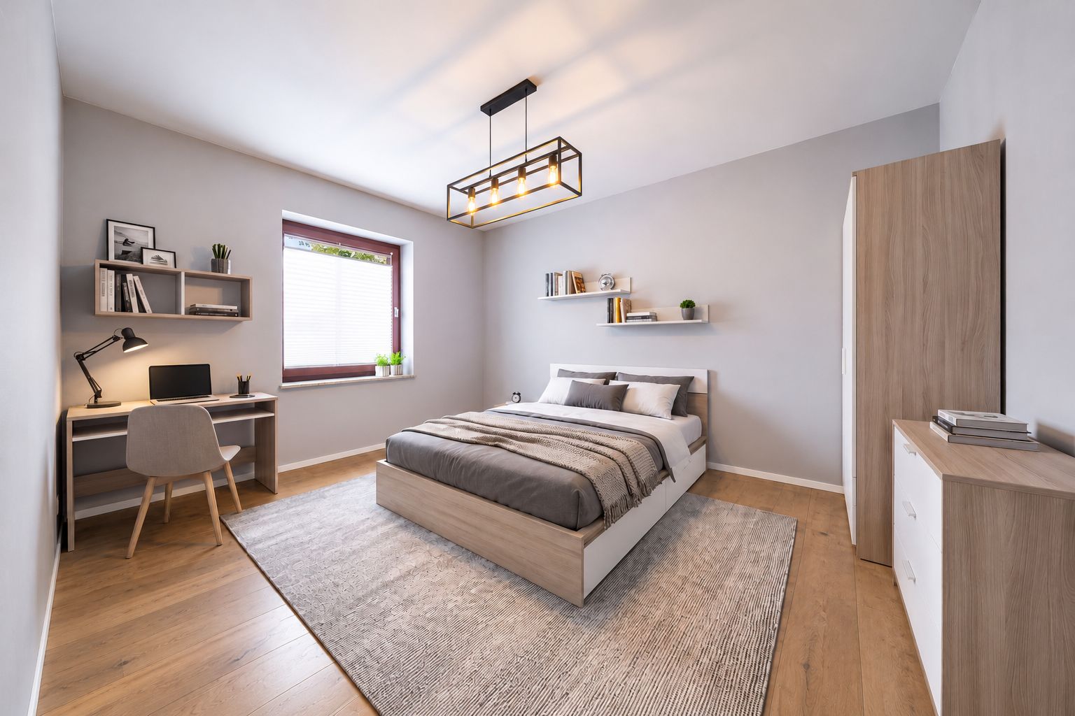 Modernes Schlafzimmer mit Doppelbett, Schreibtisch am Fenster, Kleiderschrank und Regal.