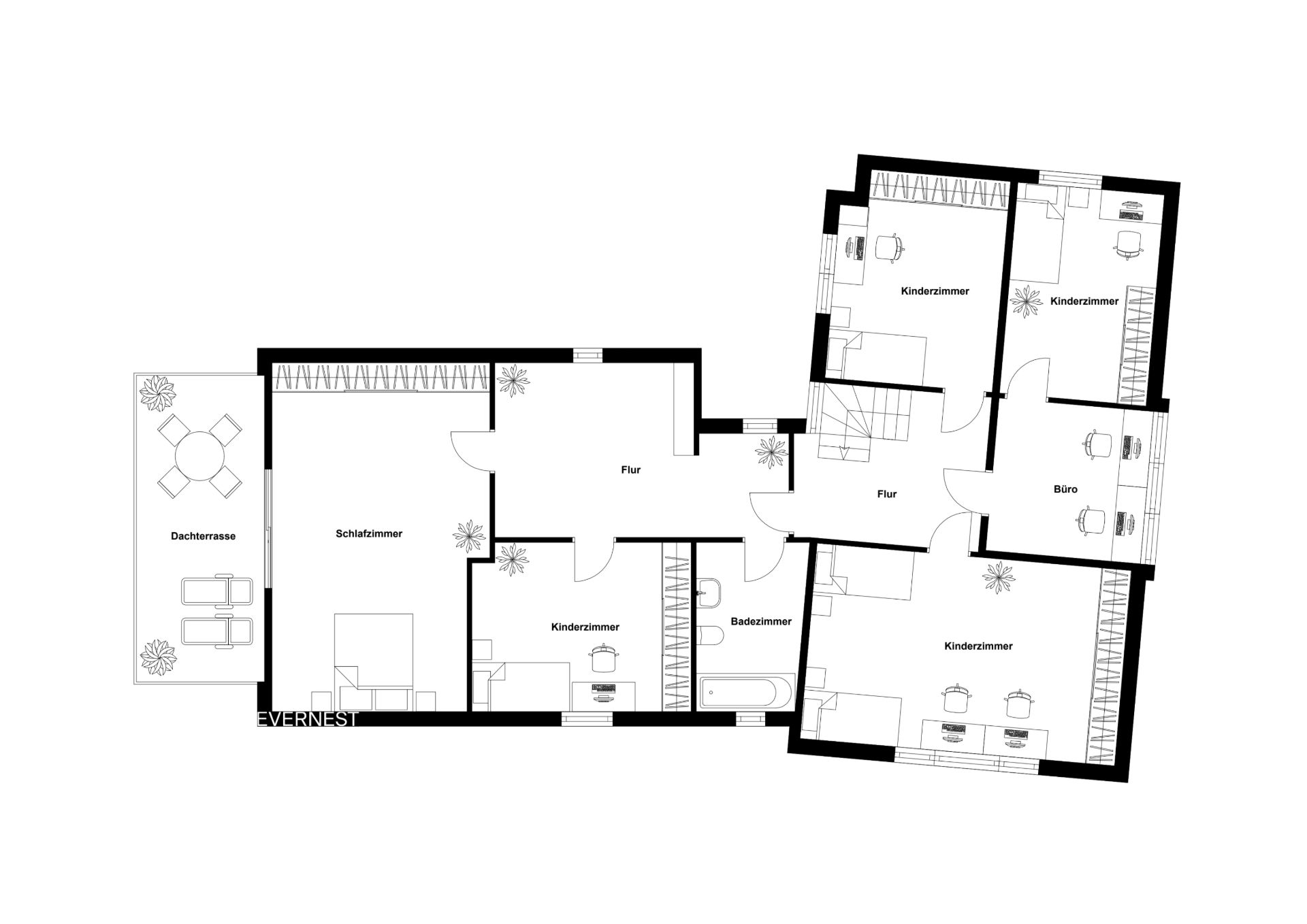 Grundriss mit Schlafzimmer, Kinderzimmern, Bad, Büro und Dachterrasse.