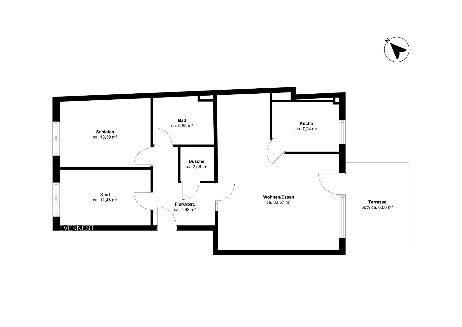 Grundriss einer Wohnung mit Schlafzimmer, Kinderzimmer, Bad, Küche, Wohnzimmer und Terrasse.