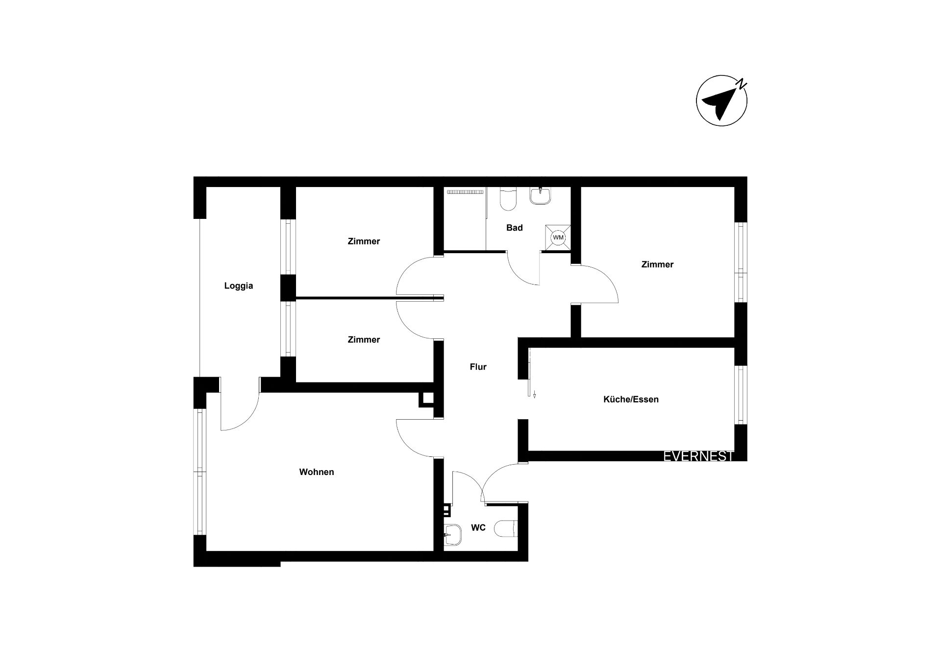 Grundriss einer Wohnung mit Wohnzimmer, Küche, Bad, WC, Flur, drei Zimmern und Loggia.