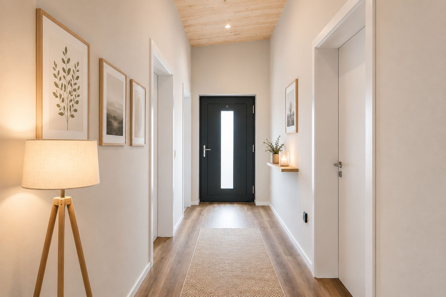 Heller Flur mit Holzboden, schwarzer Eingangstür, Bildern an den Wänden und Stehlampe.