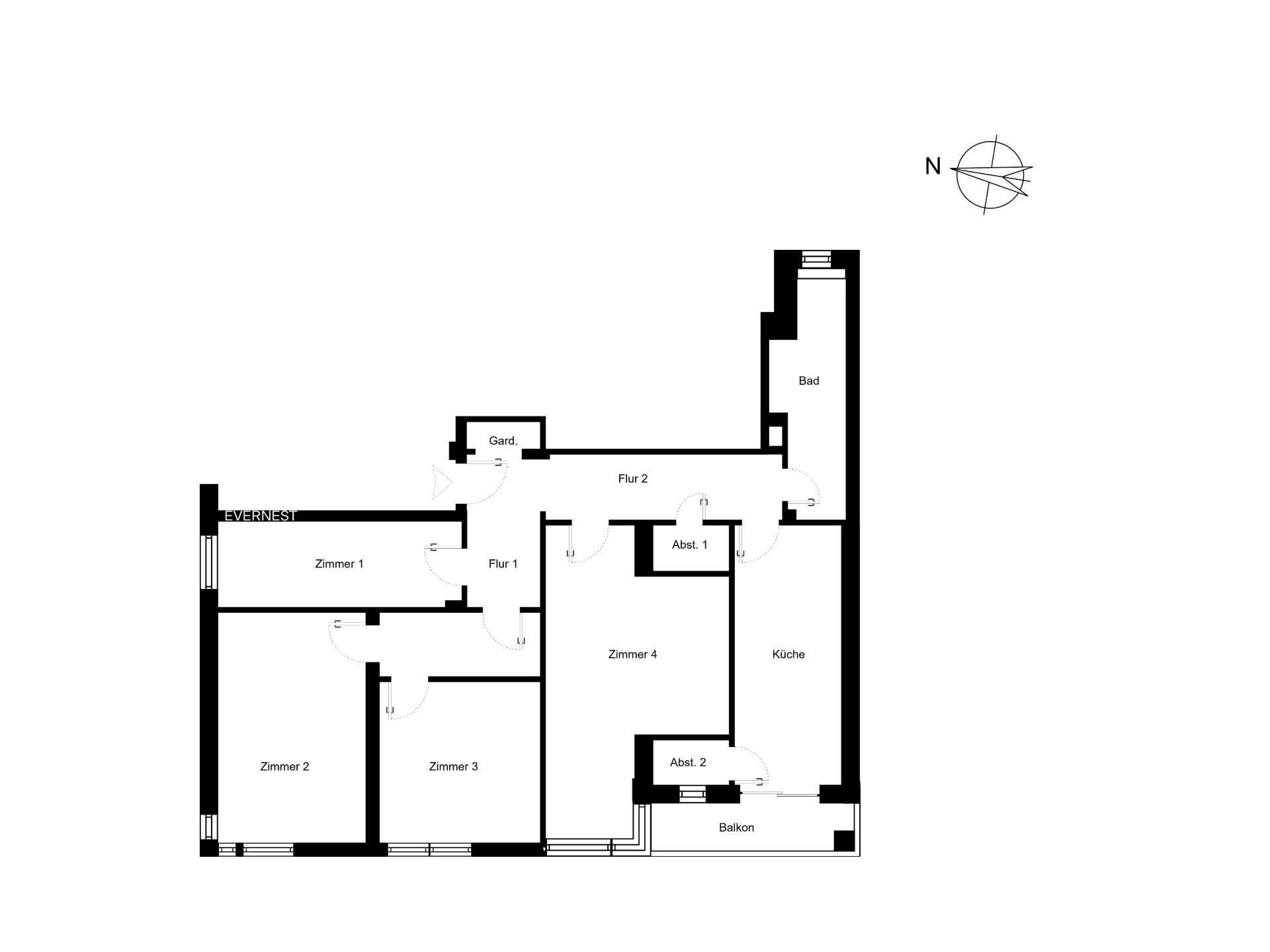 Grundriss einer Wohnung mit vier Zimmern, Küche, Bad, Flur und Balkon.