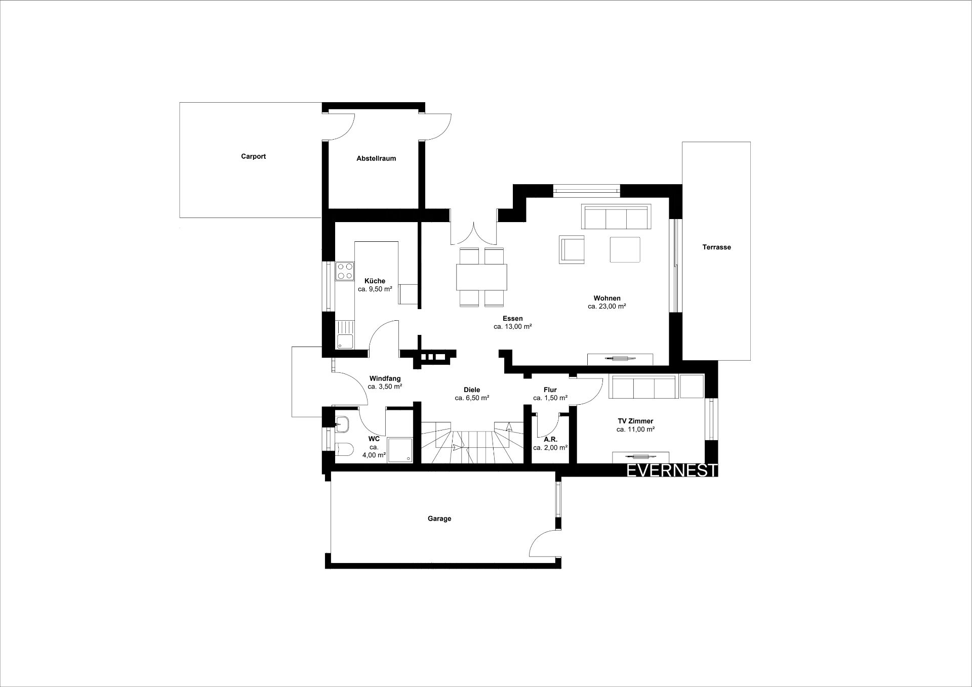 Grundriss eines Wohnhauses mit Garage, Terrasse, Küche, Ess- und Wohnzimmer sowie weiteren Räumen.