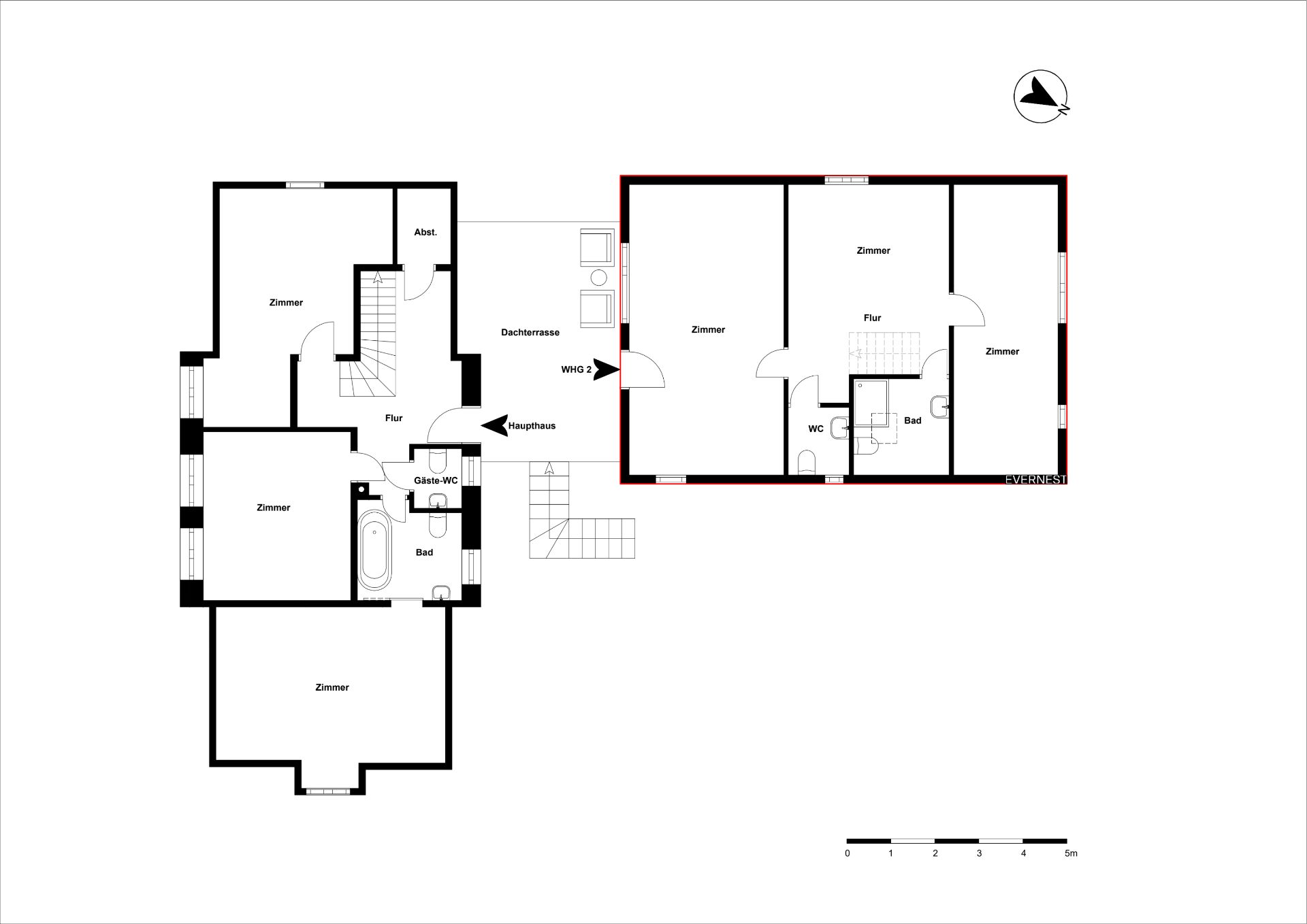 Grundriss einer Wohnung mit mehreren Zimmern, Bädern, Fluren und Dachterrasse.