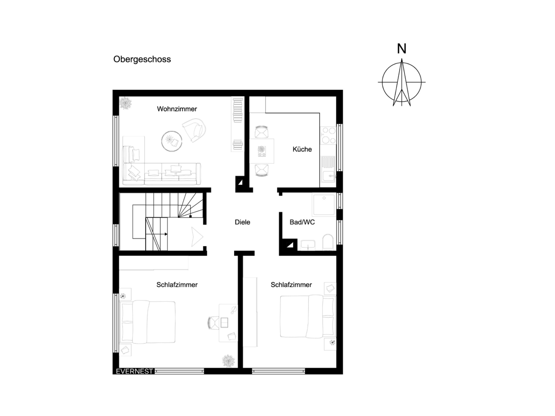 Grundriss eines Obergeschosses mit Wohnzimmer, Küche, Bad/WC und zwei Schlafzimmern.