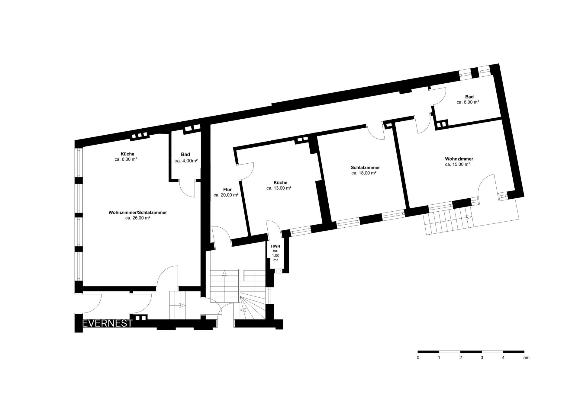 Grundriss einer Wohnung mit zwei Küchen, zwei Bädern, Schlafzimmer, Wohnzimmer und Flur.