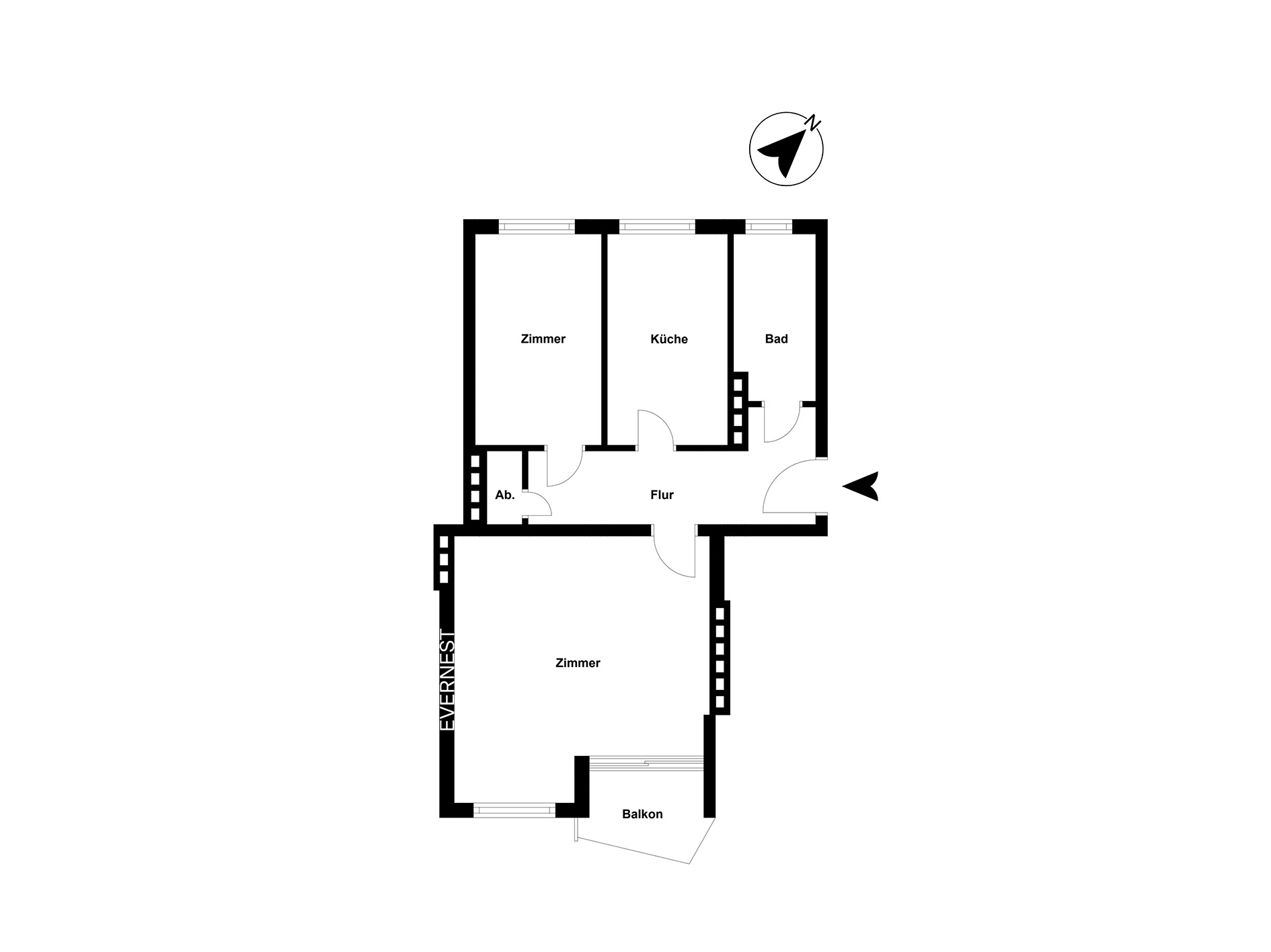 Grundriss einer Wohnung mit zwei Zimmern, Küche, Bad, Abstellraum, Flur und Balkon.