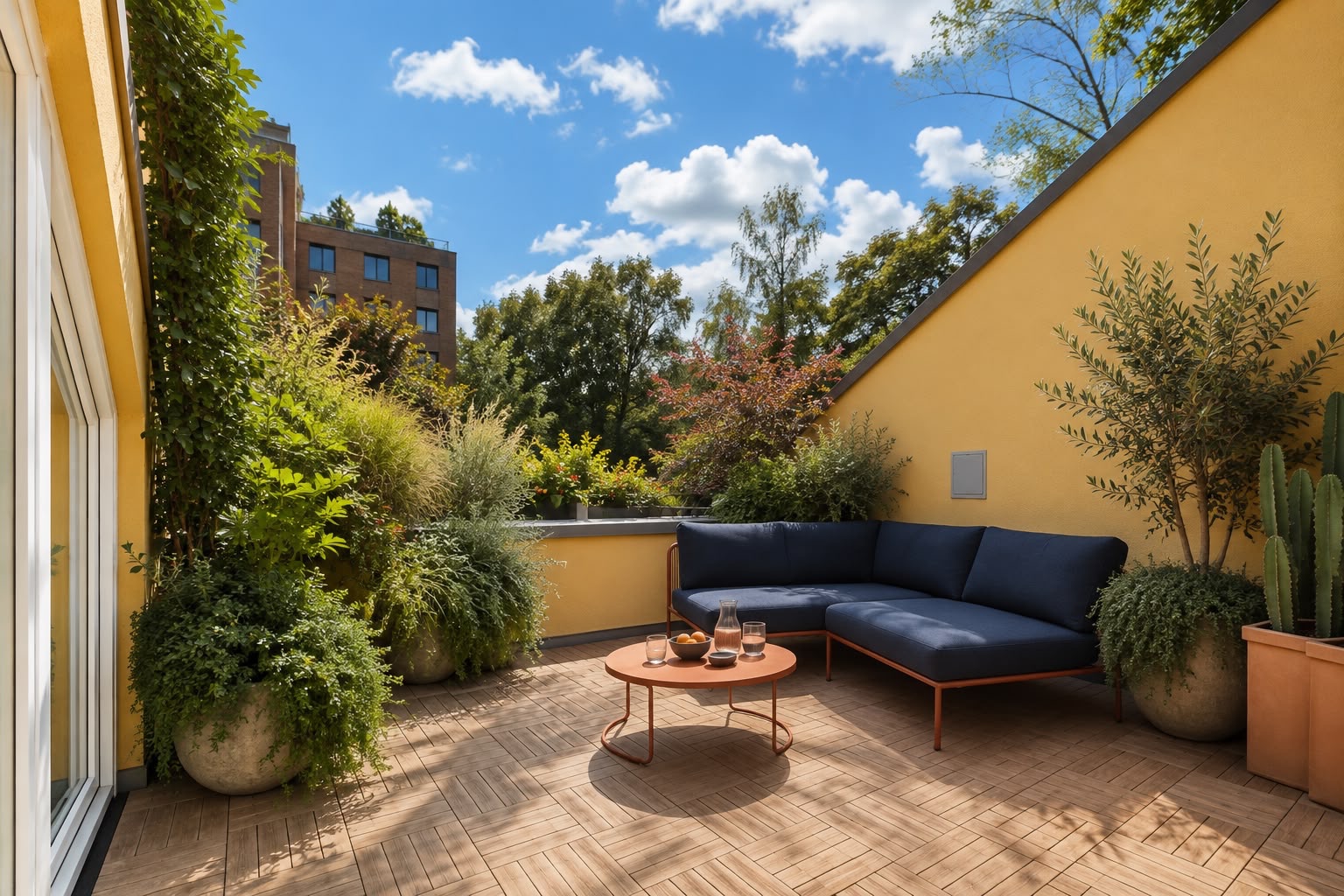 Terrasse mit Pflanzen, blauem Ecksofa und kleinem Tisch vor gelber Wand bei Sonnenschein.