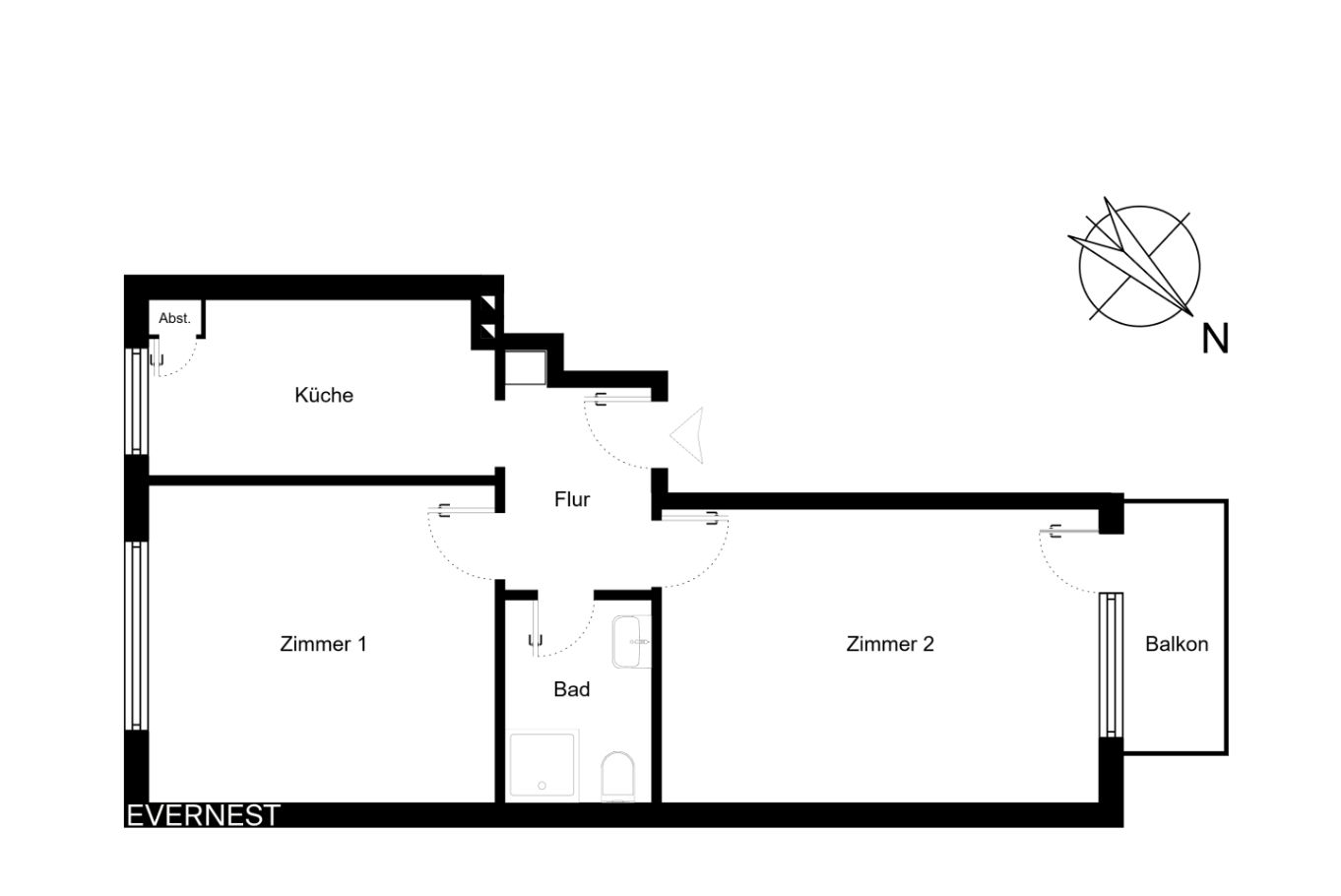 Wohnungsgrundriss mit Küche, Bad, Flur, zwei Zimmern, Abstellraum und Balkon.