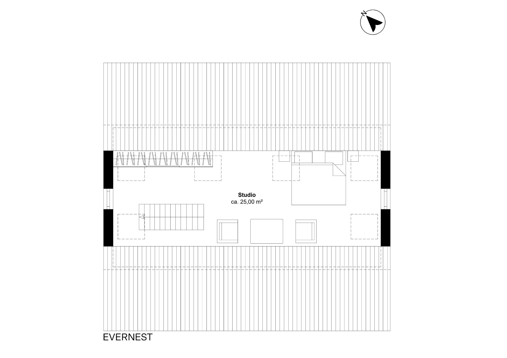 Grundriss eines Studios mit ca. 25 Quadratmetern und Treppe, Einrichtung angedeutet.