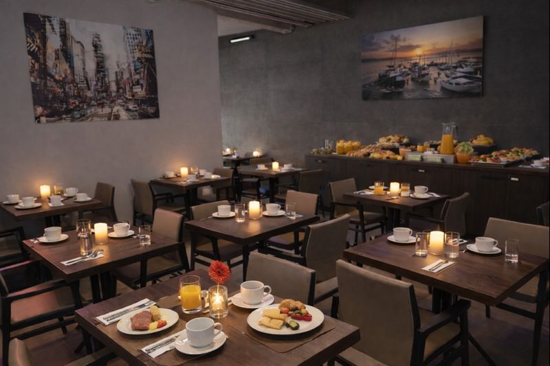 Esszimmer mit mehreren Tischen, gedeckt mit Tellern, Tassen und Kerzenlicht, Frühstücksbuffet im Hintergrund.