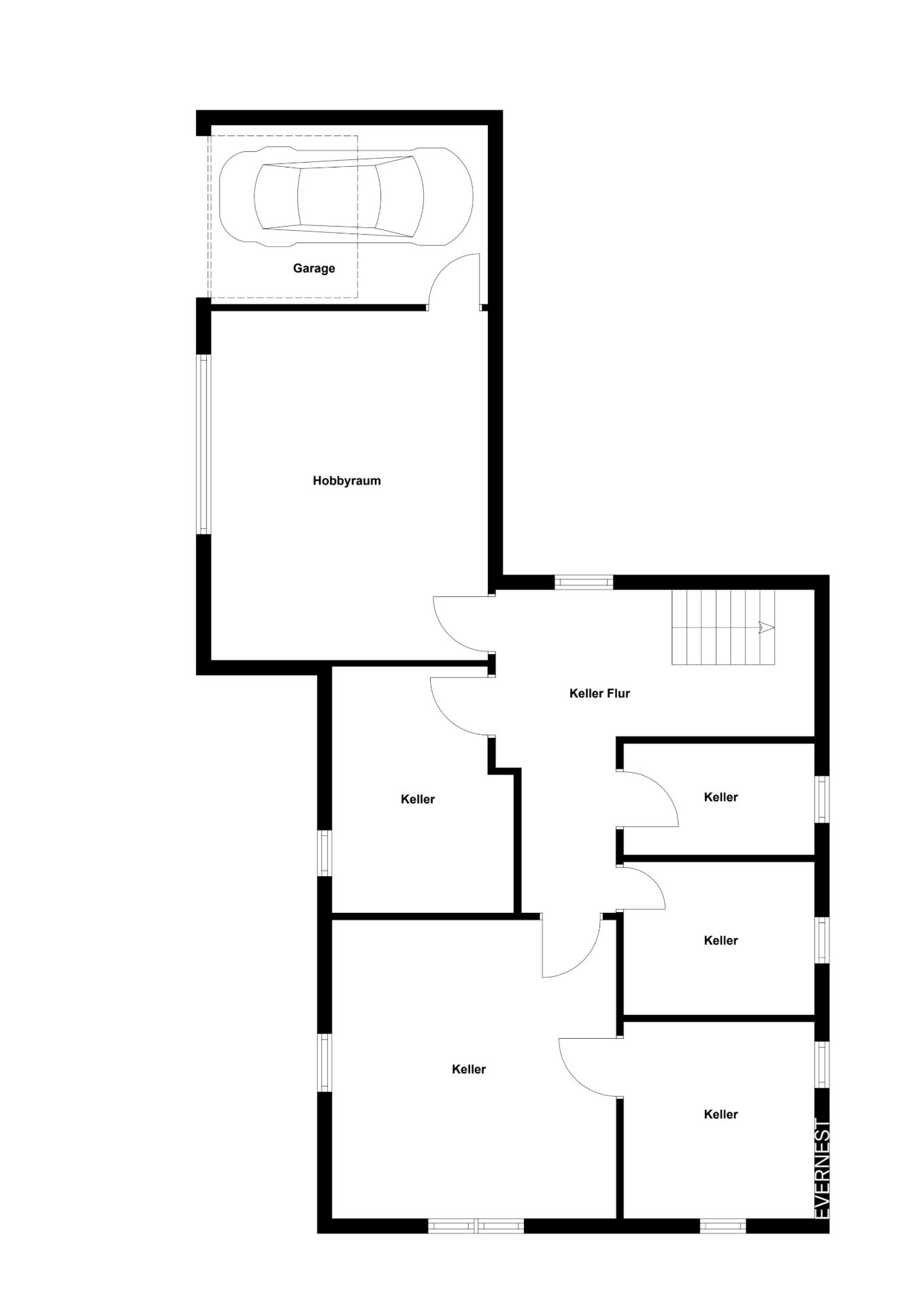 Grundriss mit Garage, Hobbyraum, Kellerflur und mehreren Kellerräumen.