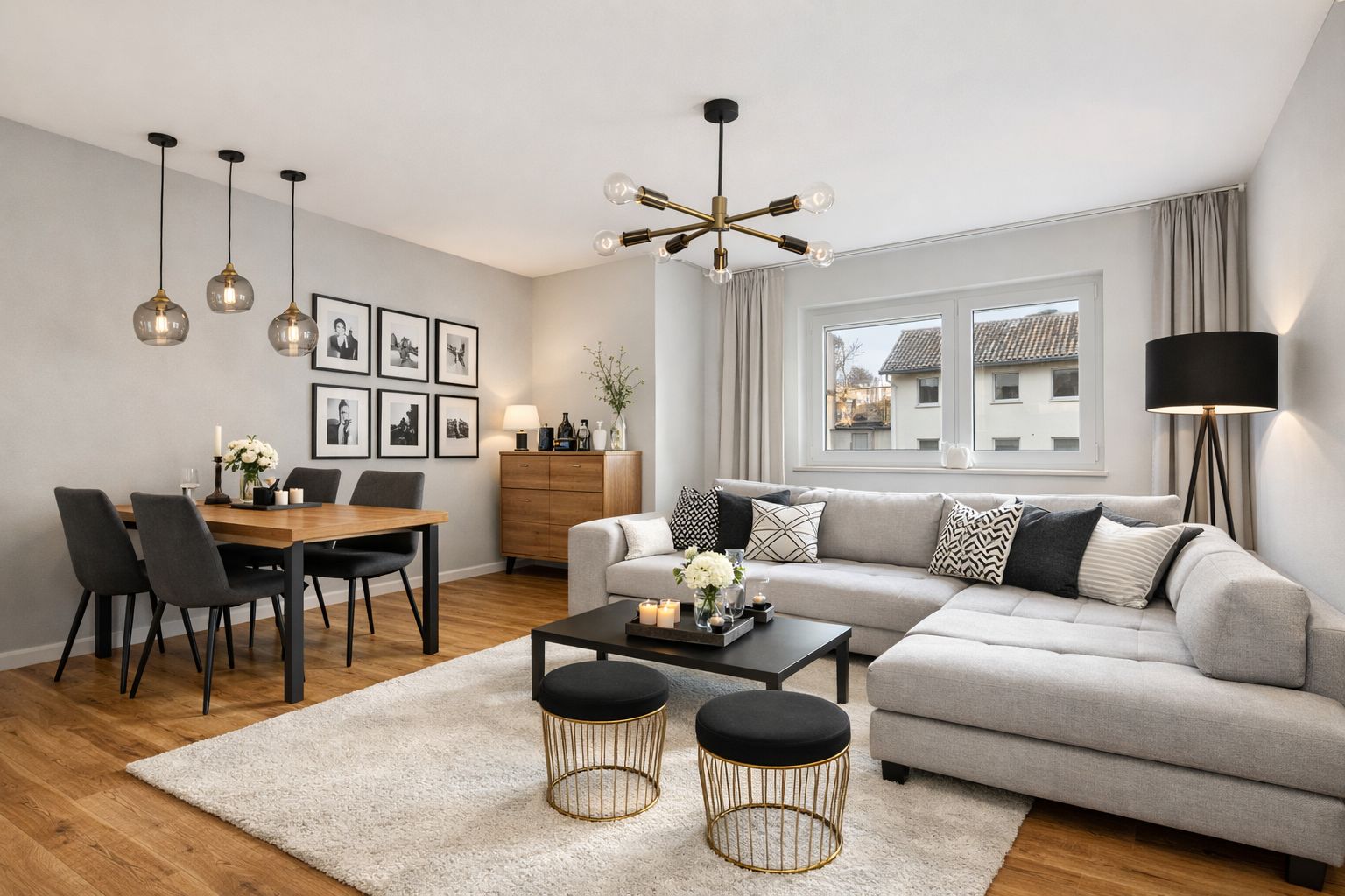 Modernes Wohnzimmer mit grauem Sofa, Esstisch, Holzboden und großen Fenstern.