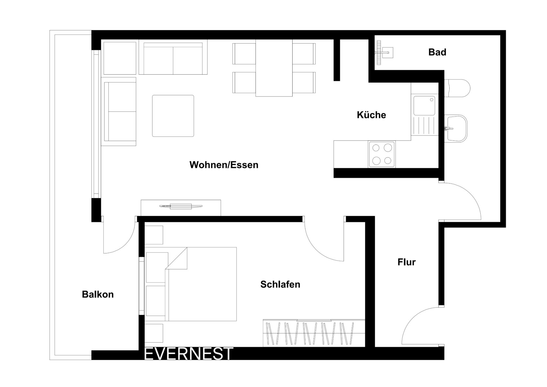 Grundriss einer Wohnung mit Wohnzimmer, Schlafzimmer, Küche, Bad, Flur und Balkon.