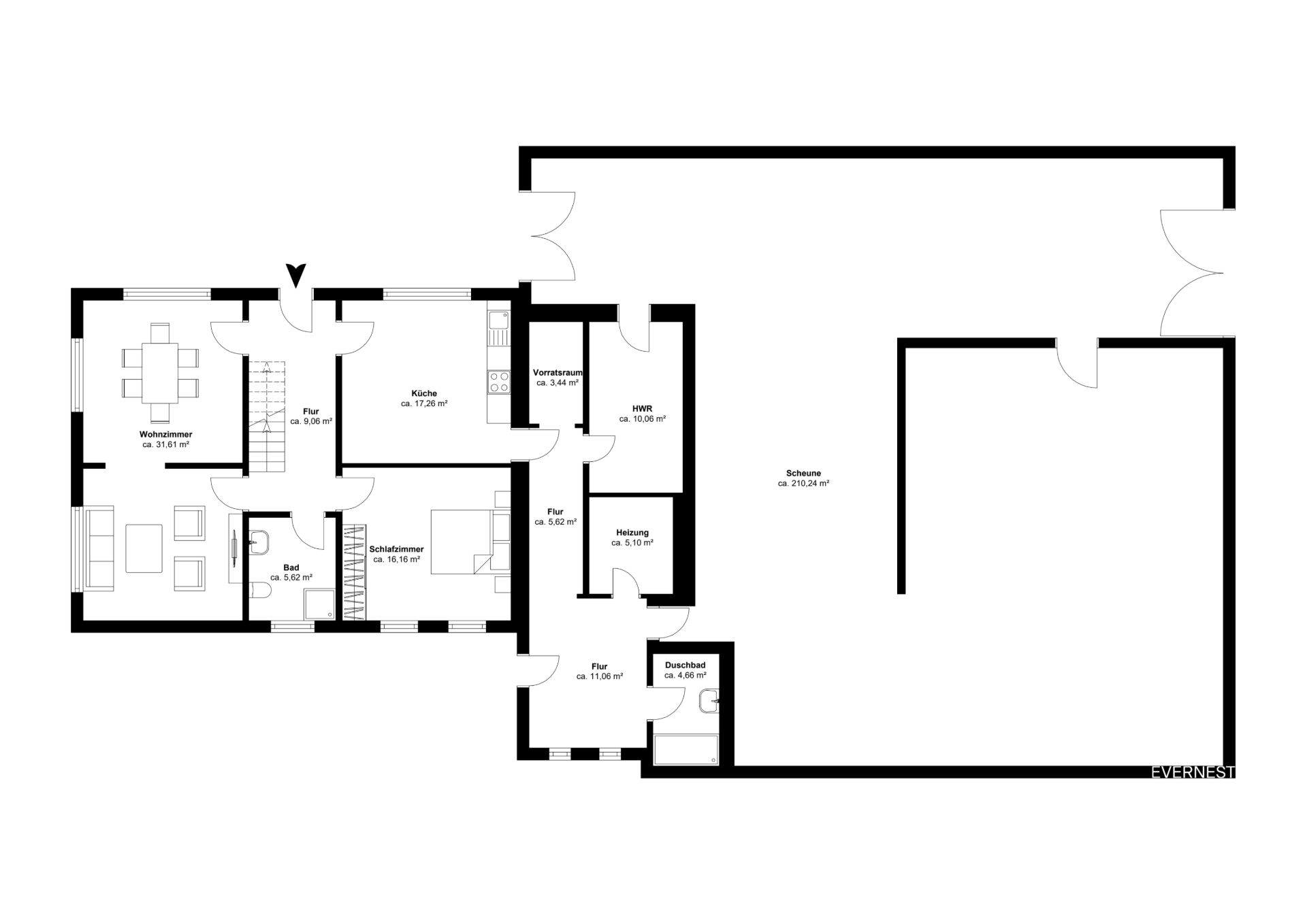 Grundriss eines Wohnhauses mit Wohnzimmer, Küche, Schlafzimmer, Bad und Hauswirtschaftsraum.