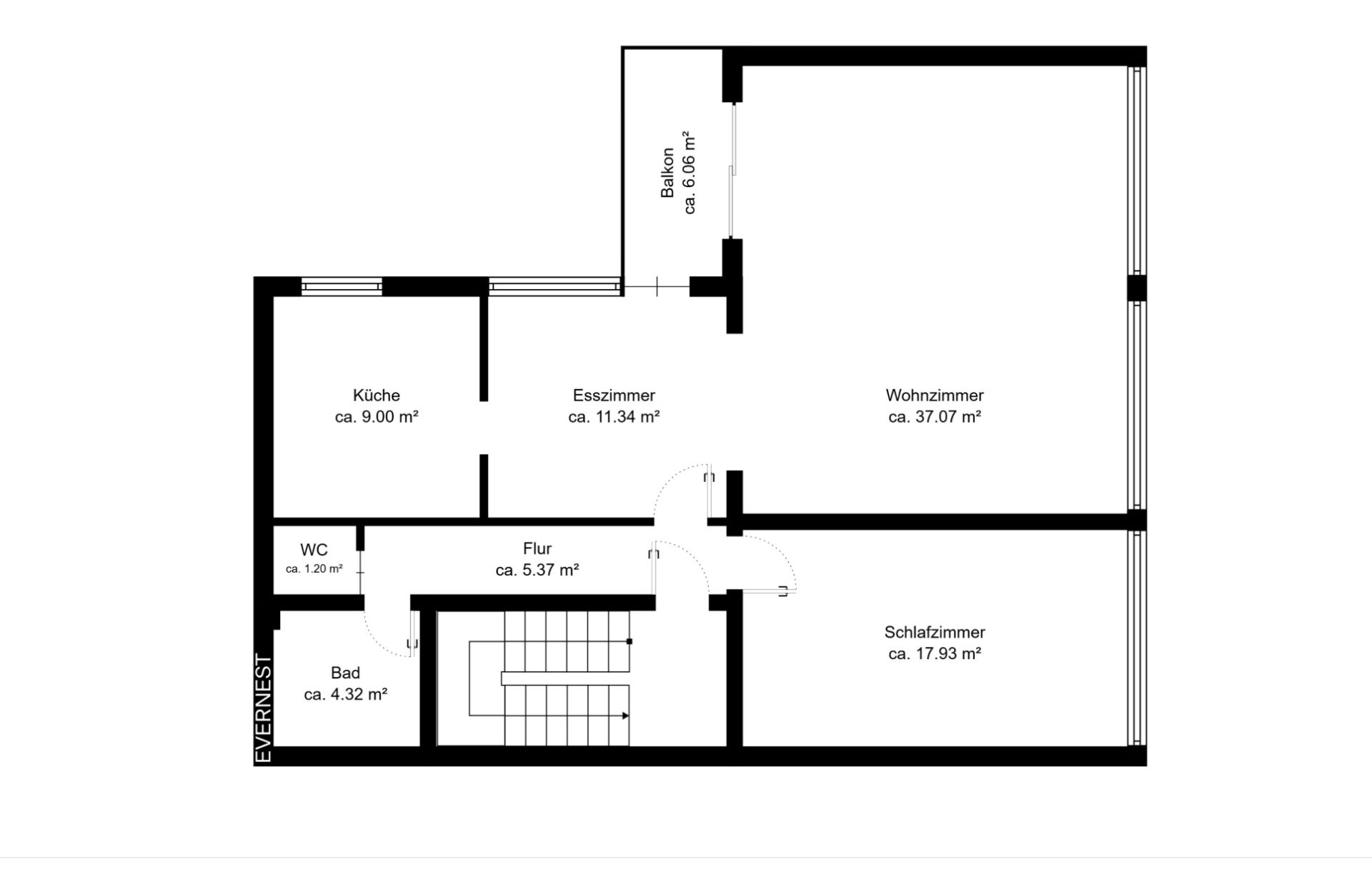 Grundriss mit Küche, Esszimmer, Wohnzimmer, Schlafzimmer, Bad, WC, Flur und Balkon.