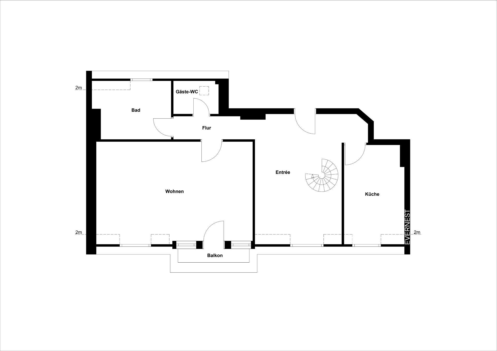 Grundriss einer Wohnung mit Wohnzimmer, Bad, Gäste-WC, Küche, Flur, Entrée und Balkon.
