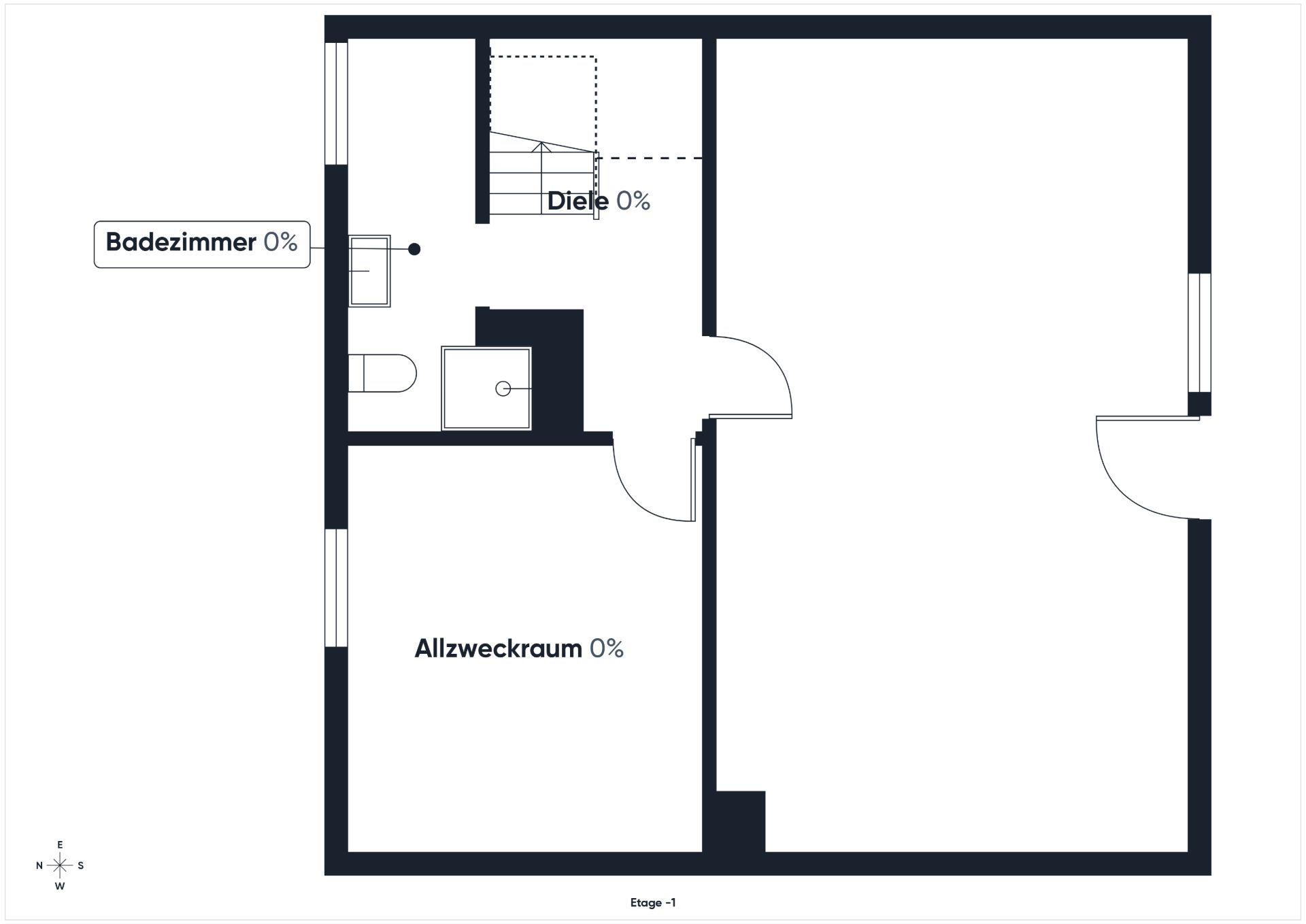 Grundriss mit Diele, Badezimmer und Allzweckraum, Türen und Treppe sind sichtbar.
