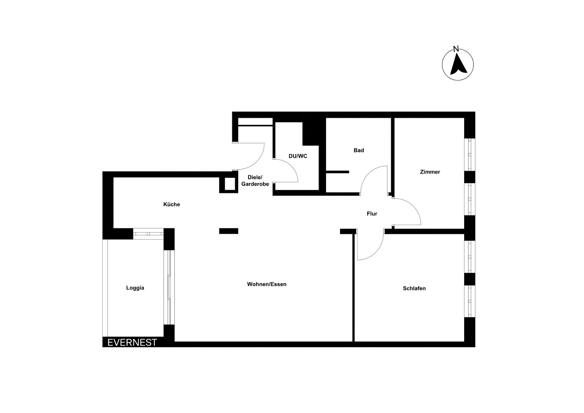 Grundriss einer Wohnung mit Küche, Wohnen/Essen, Schlafen, Zimmer, Bad, DU/WC und Loggia.