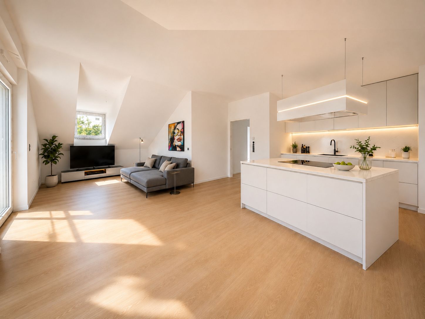 Helles Wohnzimmer mit offener Küche, Sofa, Fernseher und großen Fenstern.