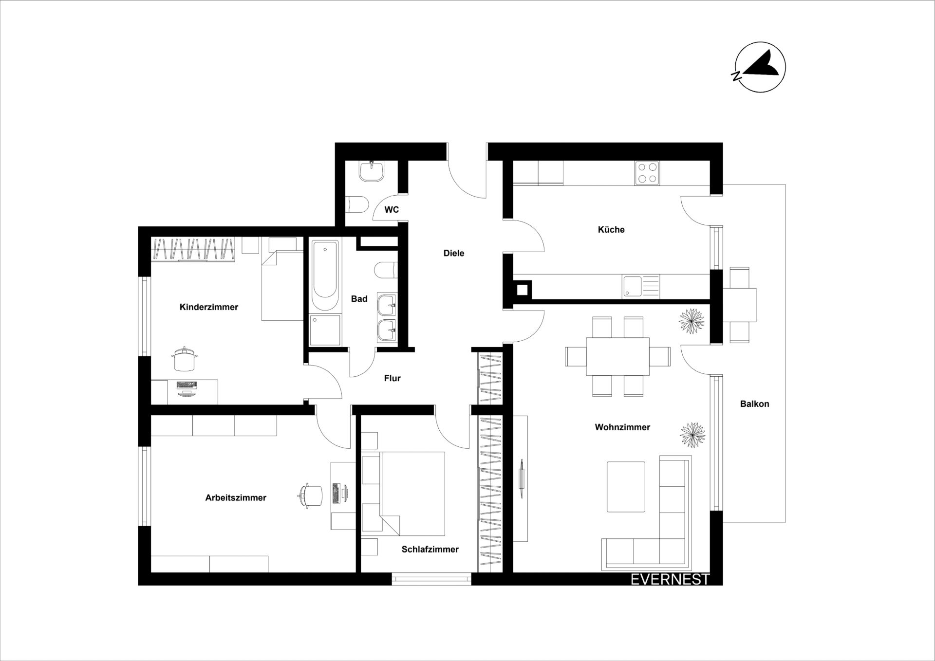 Grundriss einer Wohnung mit Wohnzimmer, Küche, Balkon, Schlafzimmer, Arbeitszimmer und Bad.