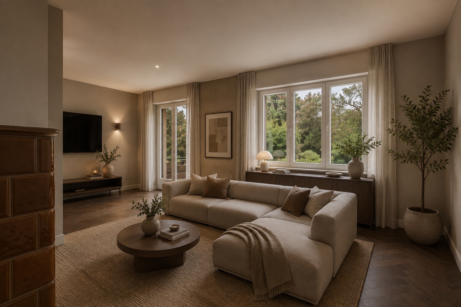 Modernes Wohnzimmer mit großem Sofa, Couchtisch, Fernseher und großen Fenstern mit Blick ins Grüne.