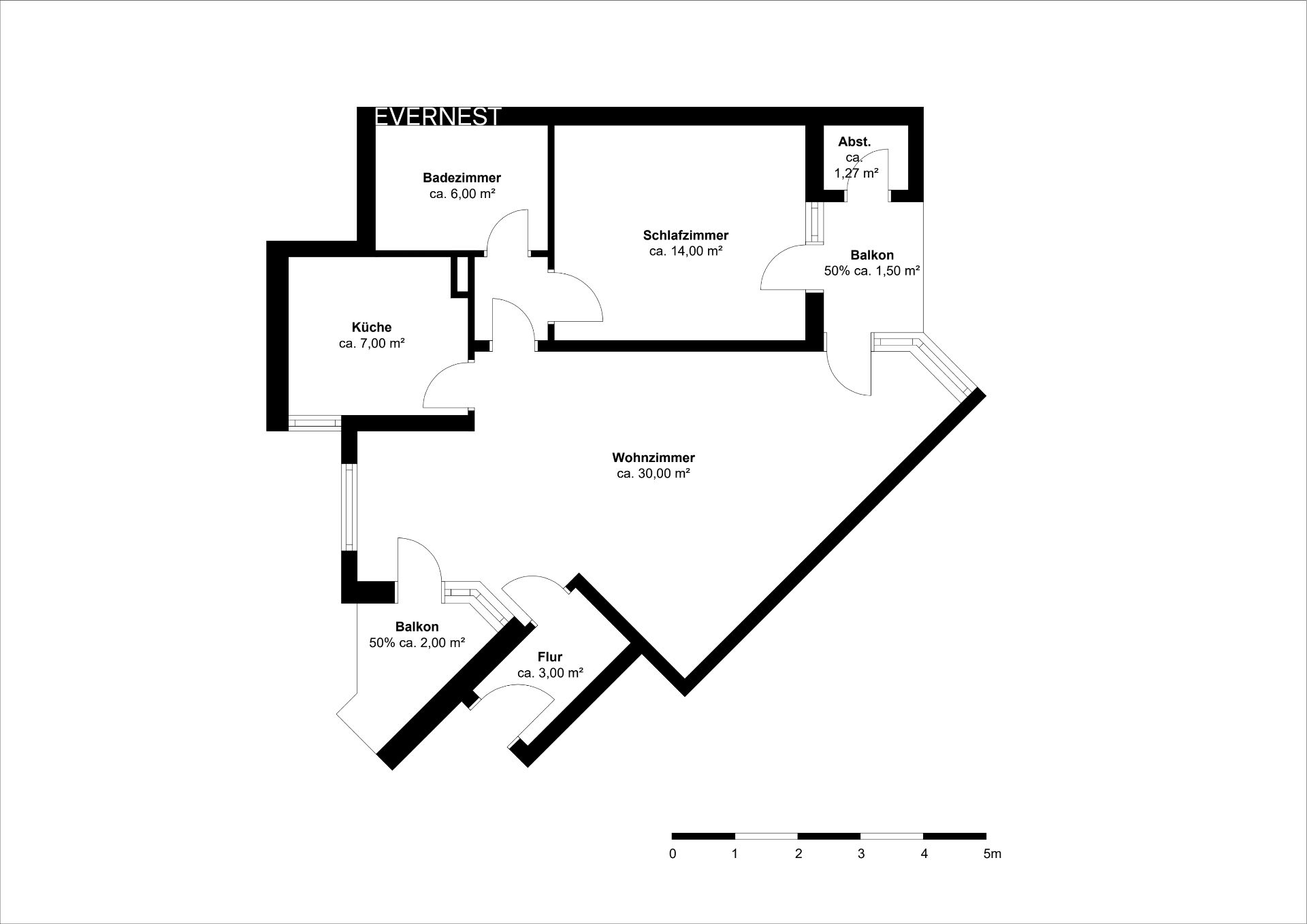 Grundriss einer Wohnung mit Wohnzimmer, Schlafzimmer, Küche, Bad, Flur, Abstellraum und zwei Balkonen.