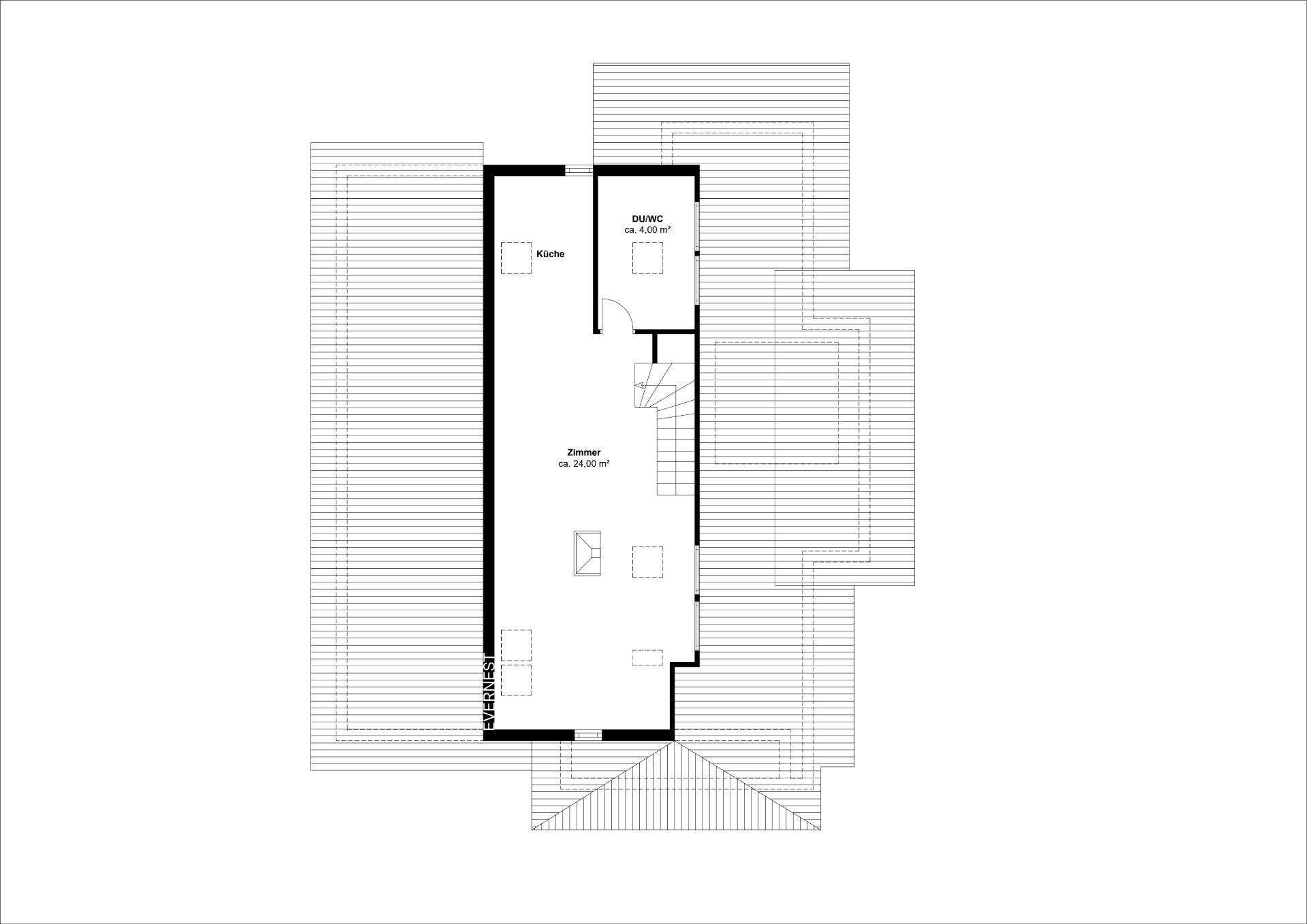 Grundriss mit Zimmer, Küche und Badezimmer, Treppe und Eingangsbereich sind sichtbar.