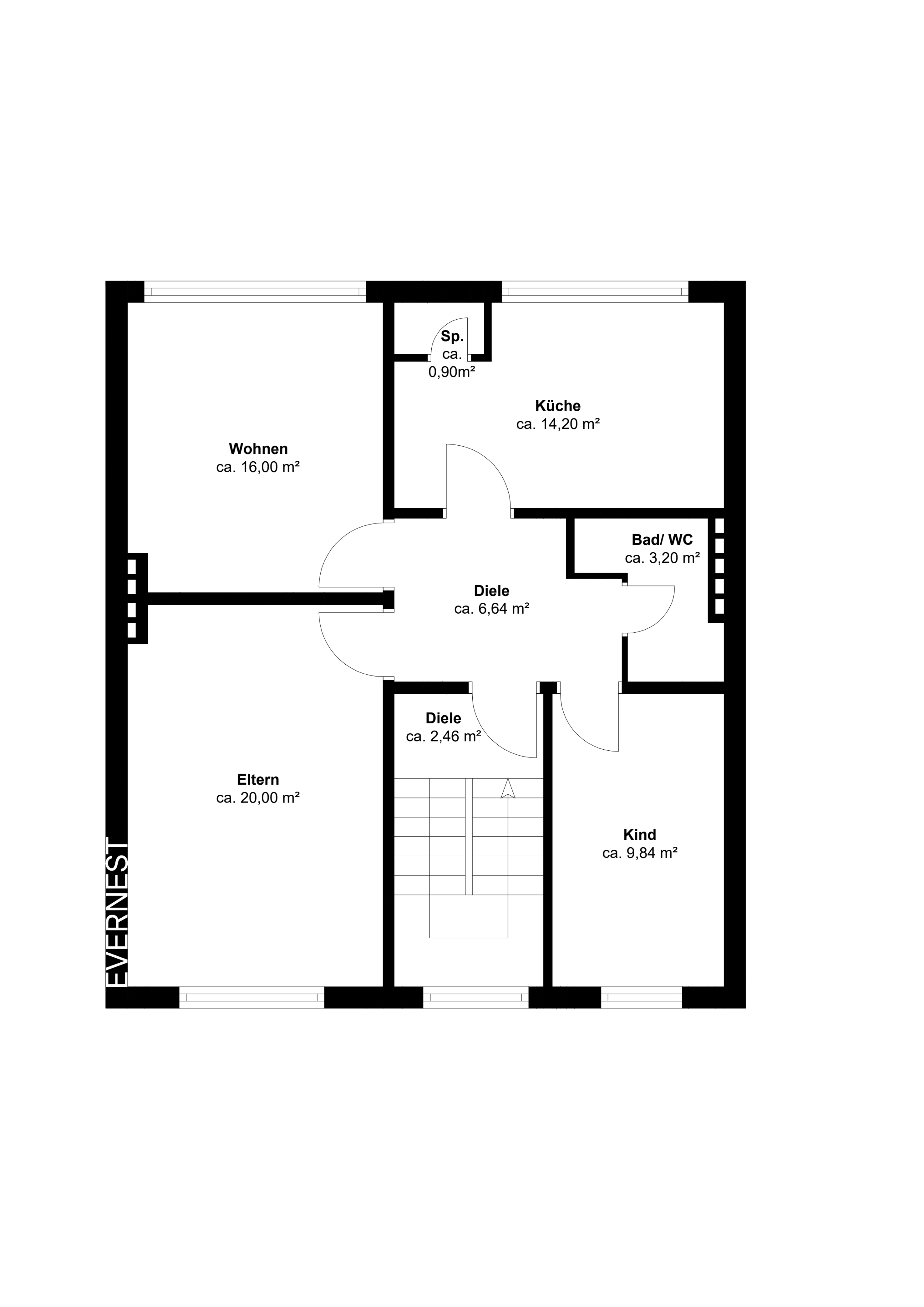 Grundriss mit Wohn-, Eltern-, Kinderzimmer, Küche, Bad/WC, Diele und Abstellraum.