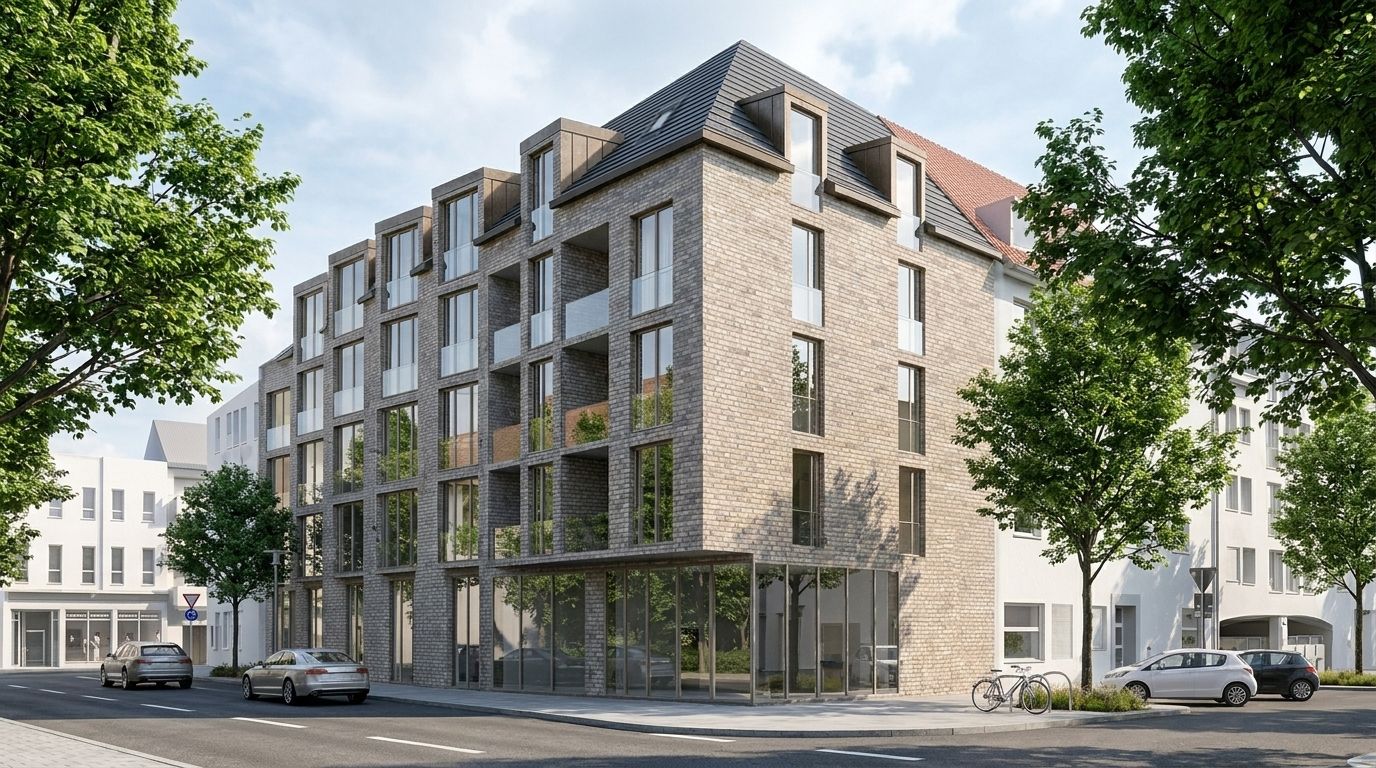 Modernes Mehrfamilienhaus mit großen Fenstern an einer Straße, umgeben von Bäumen und parkenden Autos.